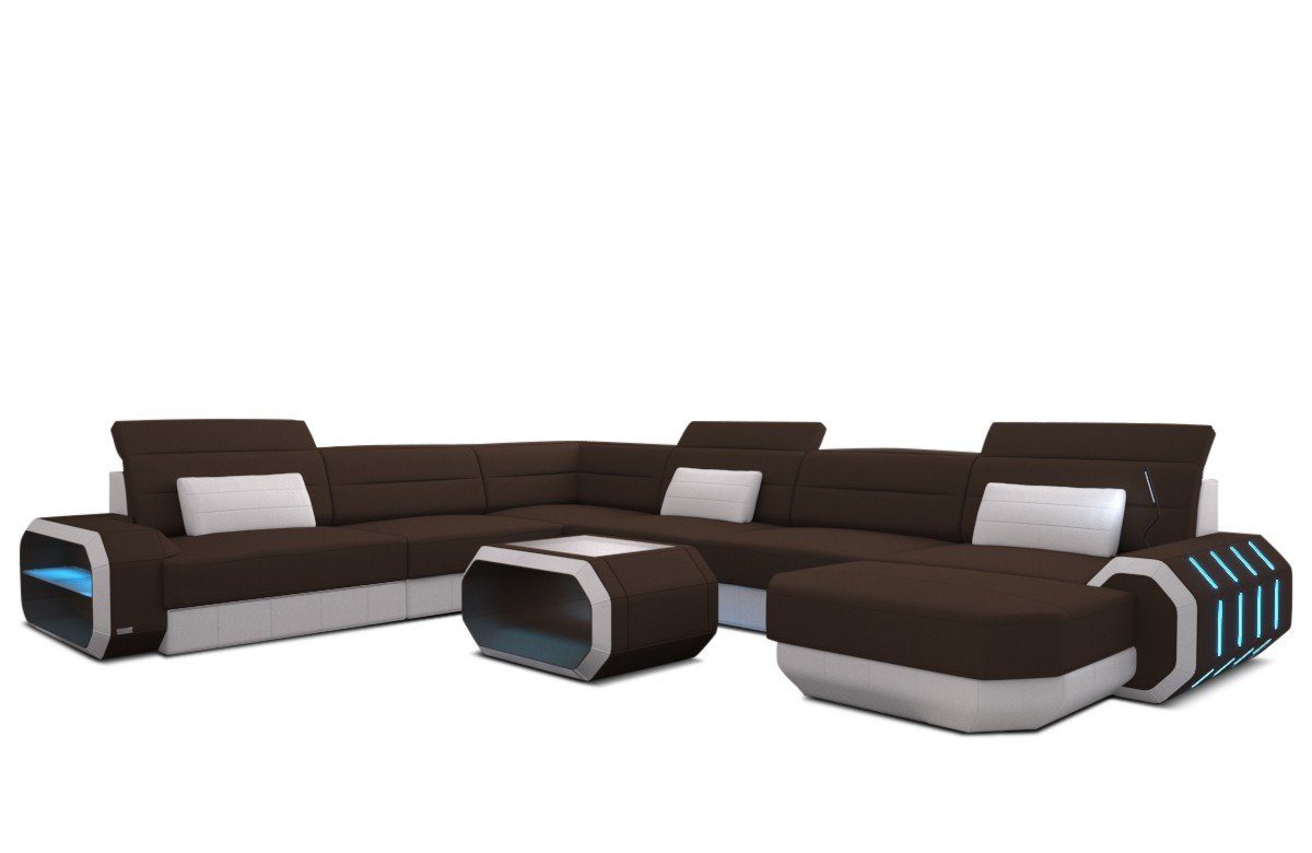 Sofa Dreams Wohnlandschaft dunkelbraun-weiß Couch Stoffsofa, Roma XXL Designer Bettfunktion wahlweise mit Polster Sofa Stoff M Mikrofaser
