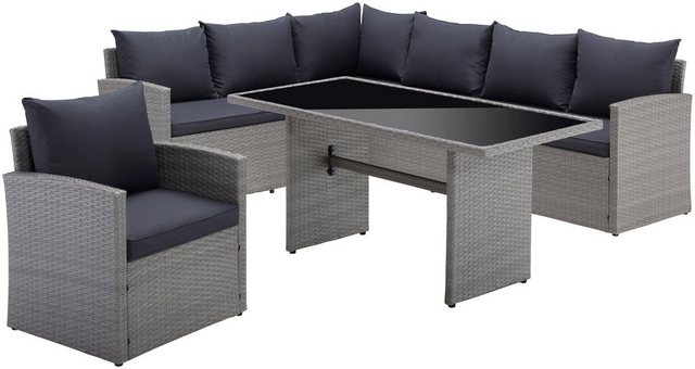 MERXX Loungeset Chicago, 14-tlg., Eckbank, Sessel, Tisch 145x70 cm, Polyrattan, grau