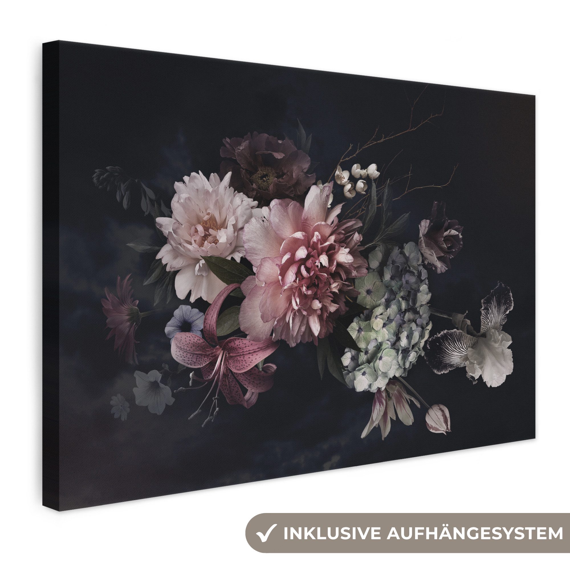 OneMillionCanvasses® Leinwandbild Blumen - Vintage - Pastell - Schwarz - Blumenstrauß, Fotodruck (1 St), Leinwand Bilder Klein, Wand Dekoration Aesthetic 30x20 cm