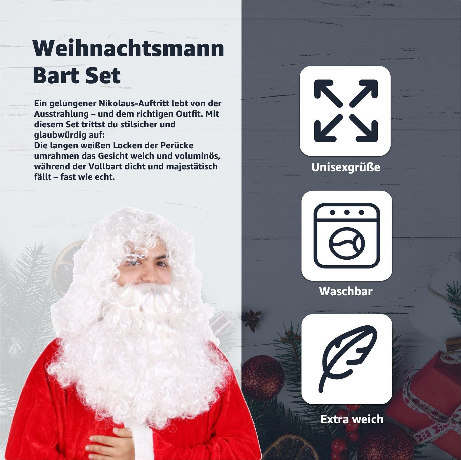 TK Gruppe Kostüm-Perücke 2 in 1 - Weihnachtsmannbart und Perücke - Nikolausbart Nikolausperücke, 2 in 1 Perücke und Bart