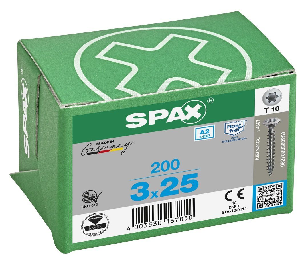 3x25 Spanplattenschraube A2, Edelstahlschraube, SPAX 200 (Edelstahl mm St),