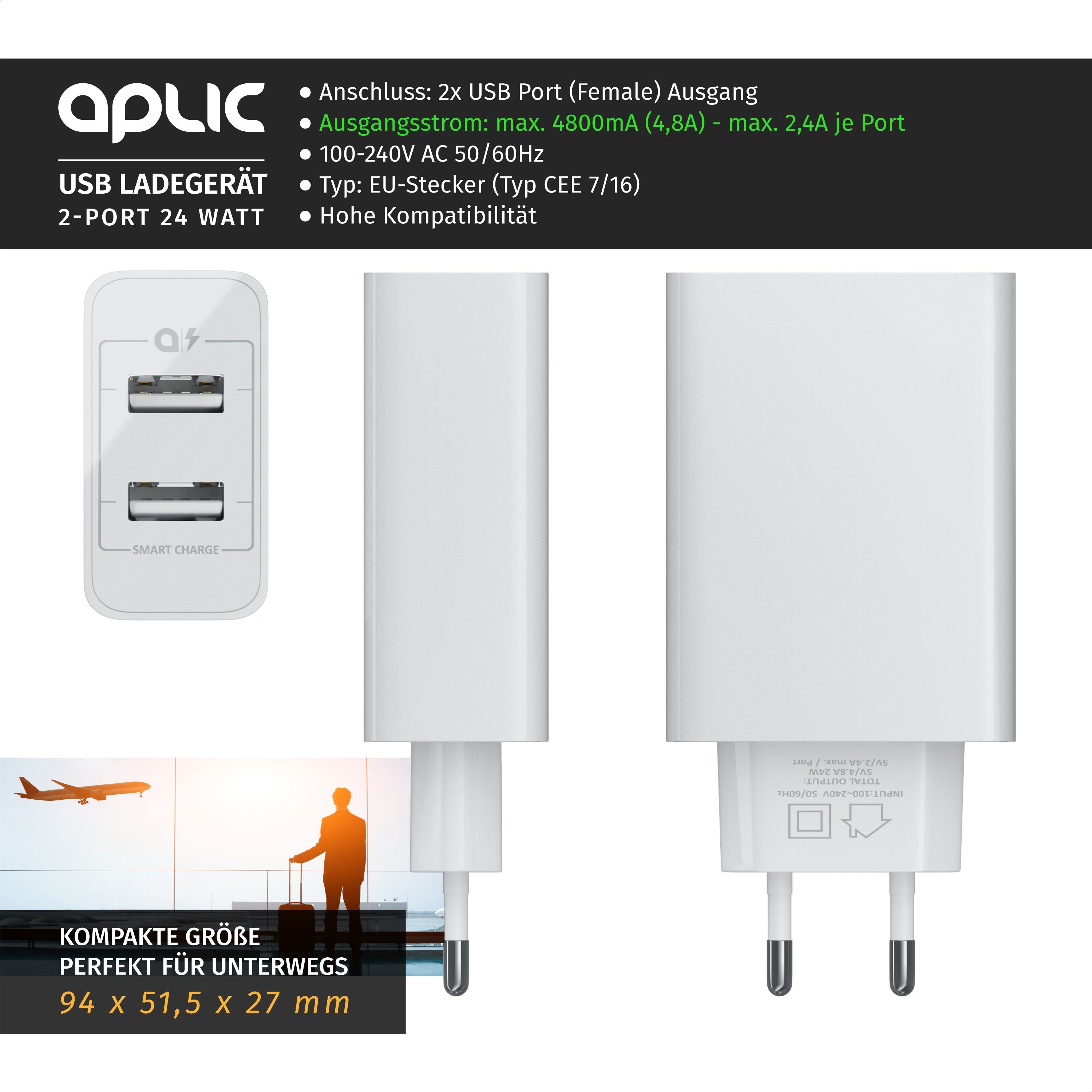 Aplic 2 Port Nezteil mit Smart Charge + Solid Charge, Leistungsstarke 24W USB-Ladegerät (4800 mA, Ladeadapter kompatibel mit Apple iPhone iPad Samsung Xiaomi Huawei)