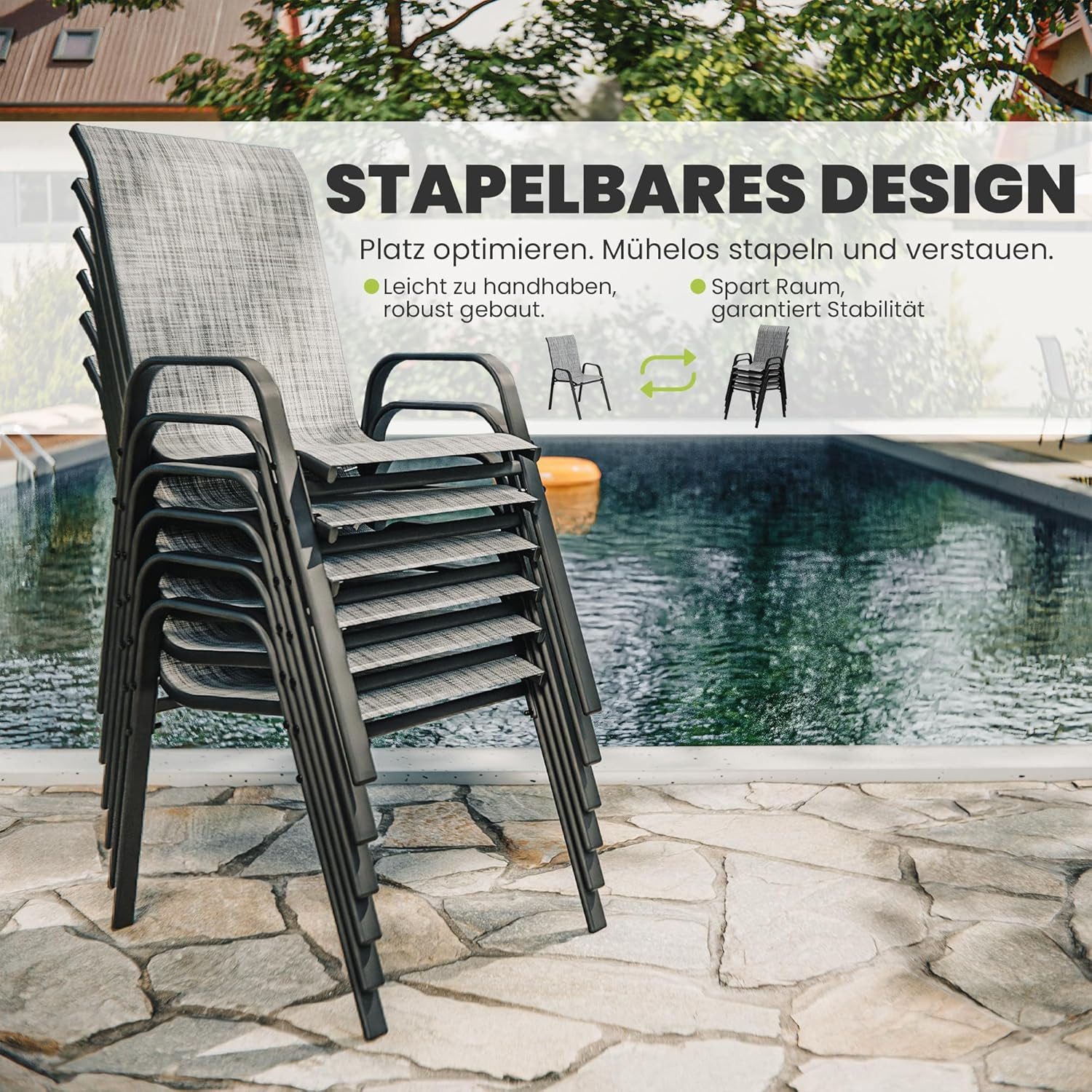 GOTLAND Gartenstuhl Hochlehner Gartenstühle 6er Set Stapelbar, Wetterfeste Terrassenstühle (für Garten, Balkon, Terrasse, Poolbereich, 6 St), mit Armlehnen, Atm – Bild 5 von 5