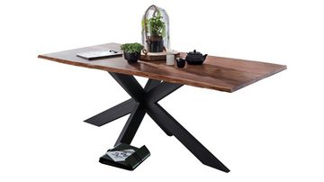 Massivart® Baumkantentisch TIMY / Massivholz Akazie lackiert / 26 mm Tischplatte, Baumkante / X-Gestell Metall schwarz / Industrial