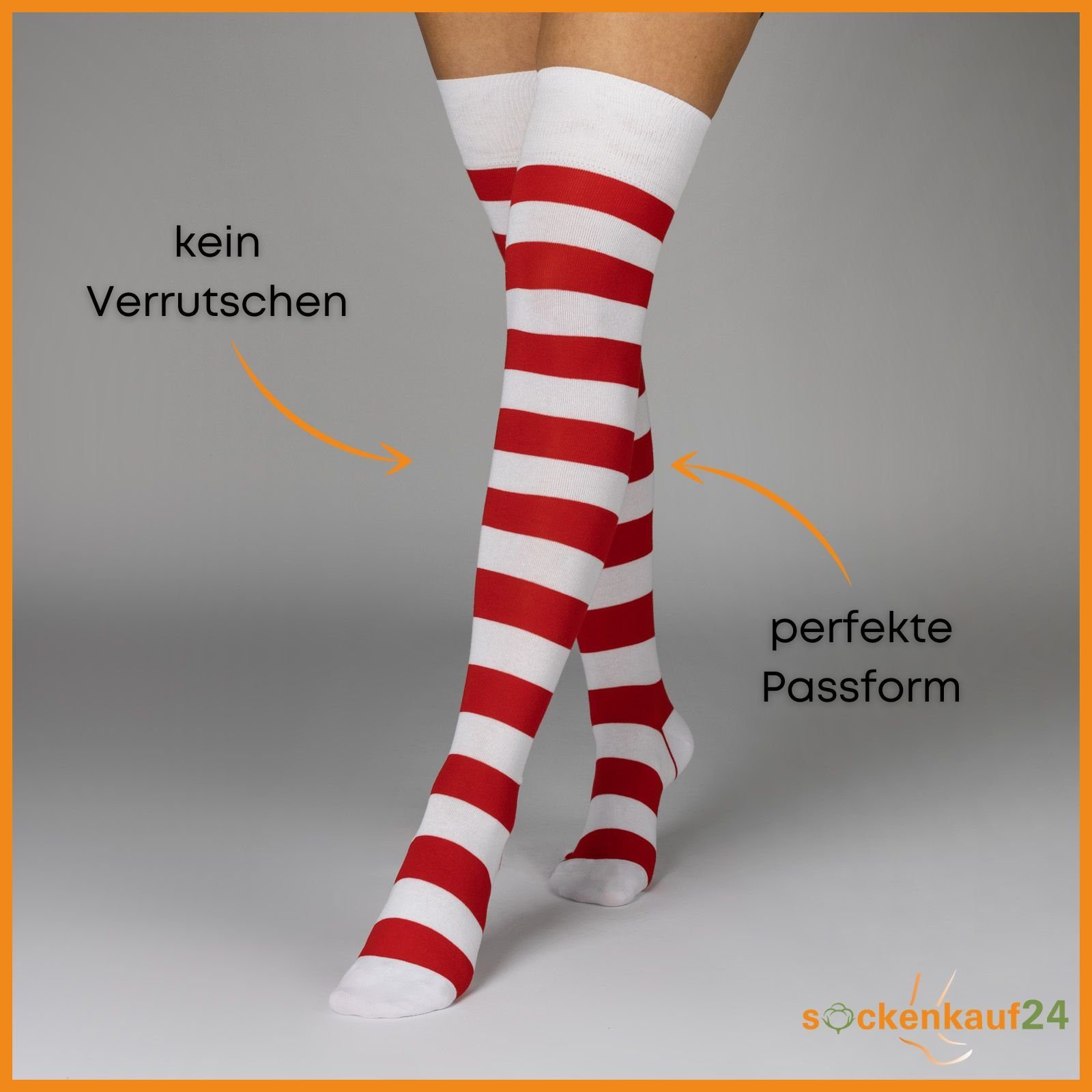 sockenkauf24 Overknees 2 Paar Overknee Strümpfe Damen Kniestrümpfe (Ringel Rot/Weiß, 35-38) Schwarz Bunt Ringel Baumwolle - 10723 WP