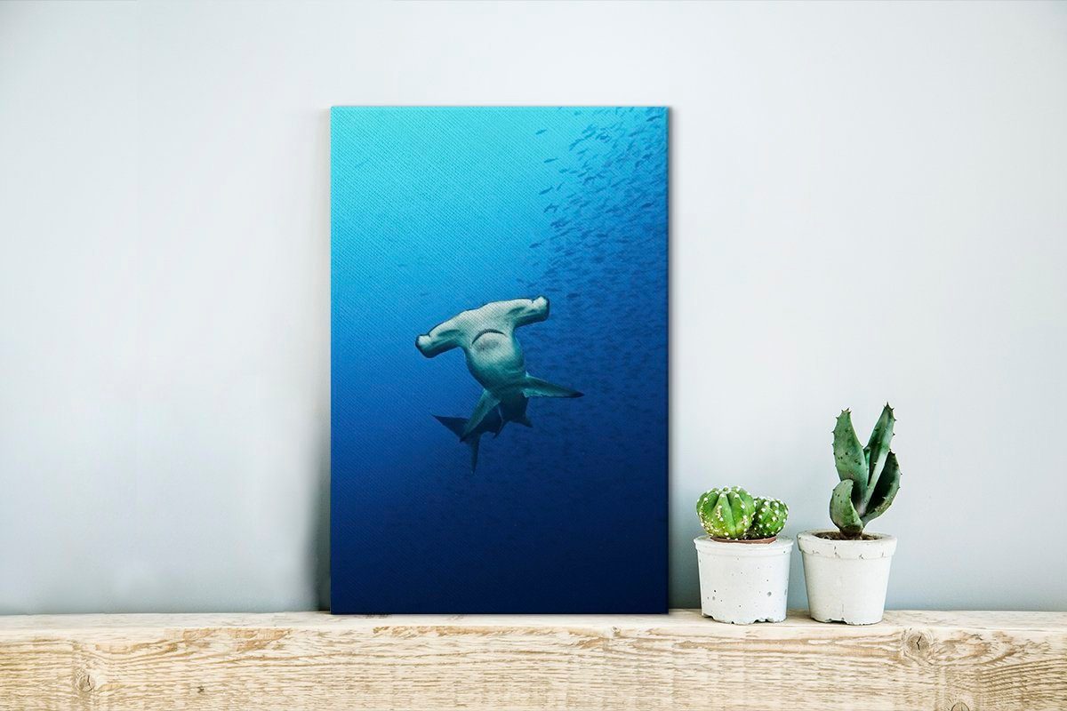 OneMillionCanvasses® Leinwandbild Ozean, einem Gemälde, Leinwandbild fertig (1 20x30 Zackenaufhänger, Ein Hammerhai St), mit Fischschwarm einem inkl. bespannt cm in klaren
