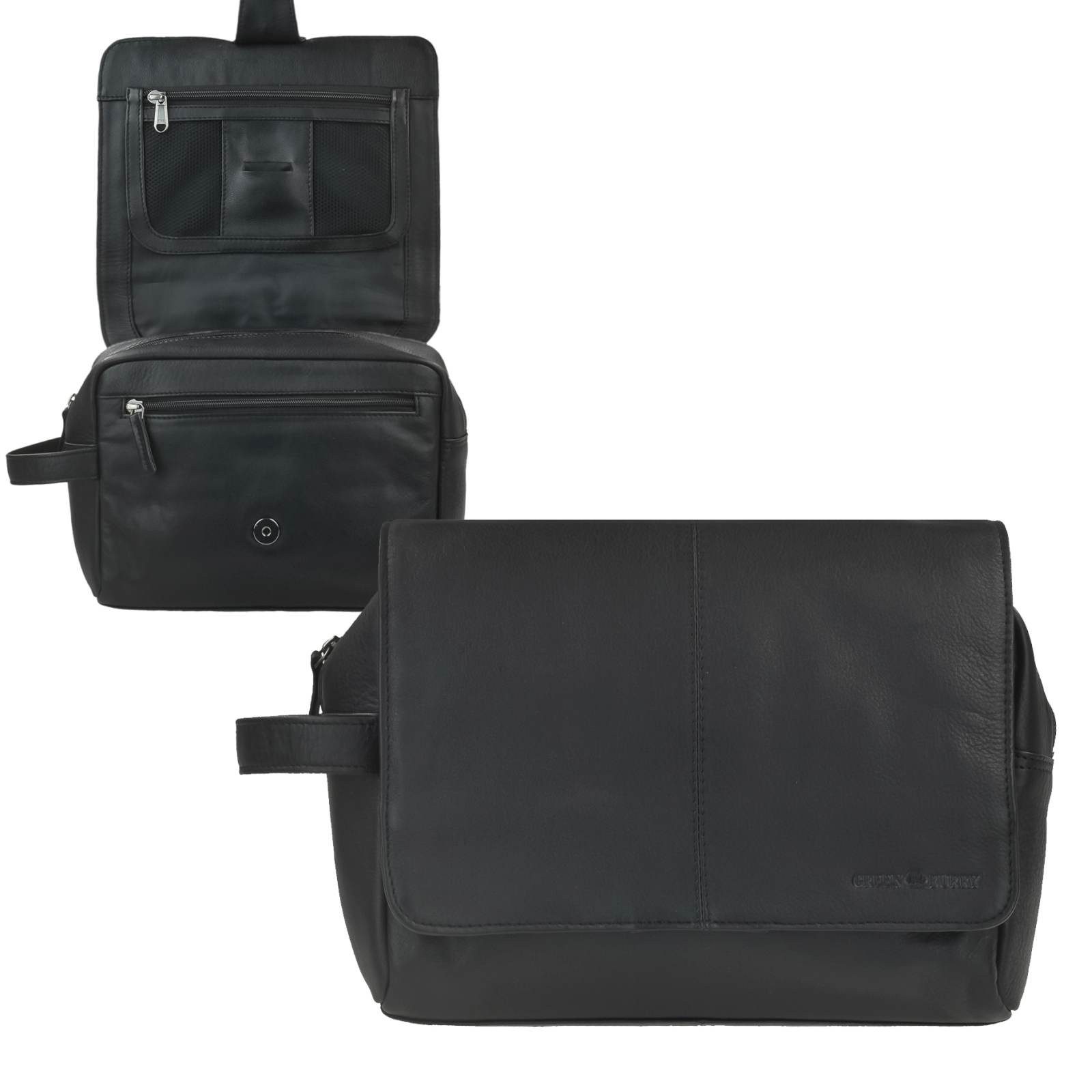 Greenburry Kulturbeutel Vintage Black Leder Kulturtasche zum Anhängen, Kosmetikbeutel, Waschtasche, für Damen und Herren, schwarz