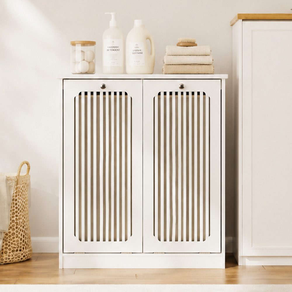 BBWL Wäschekorb Weiß 66 x 35 x 76 cm, 2 Stofffächer, kippbare Lamellenfront, Wäscheschrank, lappdeckel, Wäscheaufbewahrung mit Ablagefläche – Bild 5 von 5