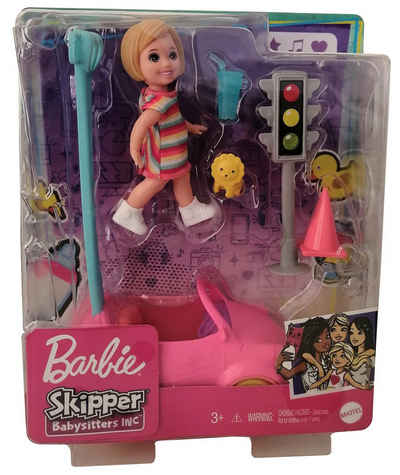 Barbie Spielfigur Mattel GRP17 Barbie Skipper Babysitter Inc Puppen, (Set, 6-tlg., 1 Kinder Puppe mit Kleid, 1 rosa Auto mit Schiebestange, Zubehör)