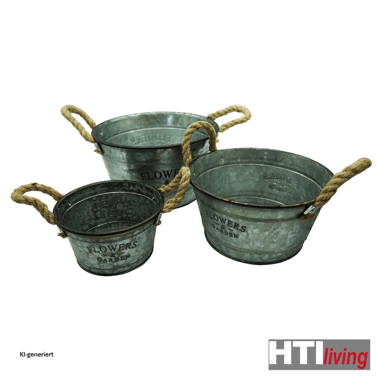 HTI-Living Pflanzschale Pflanztopf Zink, rund, 3-teilig mit Jutegriff (3 St., 3 Pflanzgefäße), Blumenkübel, Zinkwanne, Blumentopf, Pflanztopf