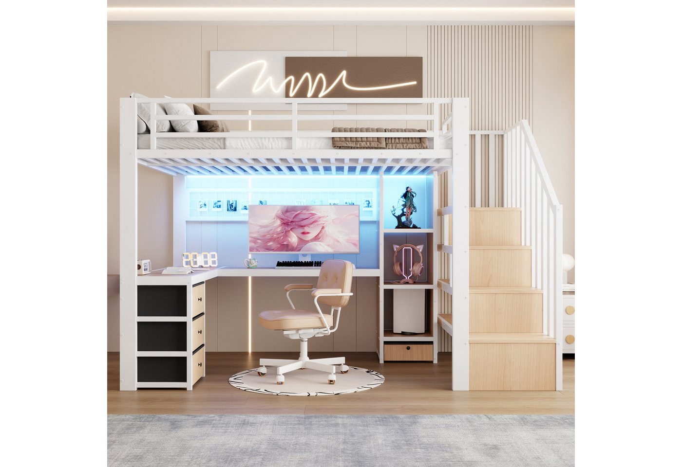 Odikalo Hochbett 90x200 140x200 Kinderbett Jugendbett mit Schreibtisch LED und Stauraum (Eisenrahmen, Ablagefach, 4 Schubladen, Gitter zum Aufhängen von Gegenständen, mit LED-Lichtleiste, Schreibtisch, Treppenkonstruktionen mit Stauraum, Ohne Matratze)