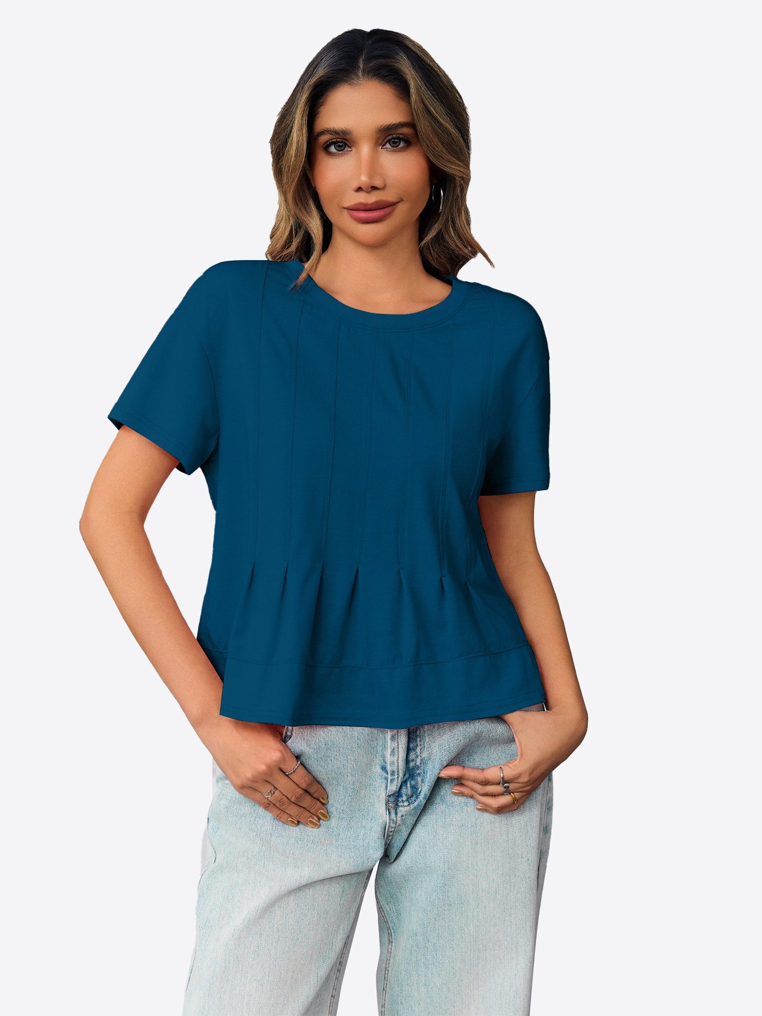 Imily Bela T-Shirt Damen Babydoll Tops mit Schößchen und Falten (Packung, 1-tlg., 1per-Pack) einfarbig