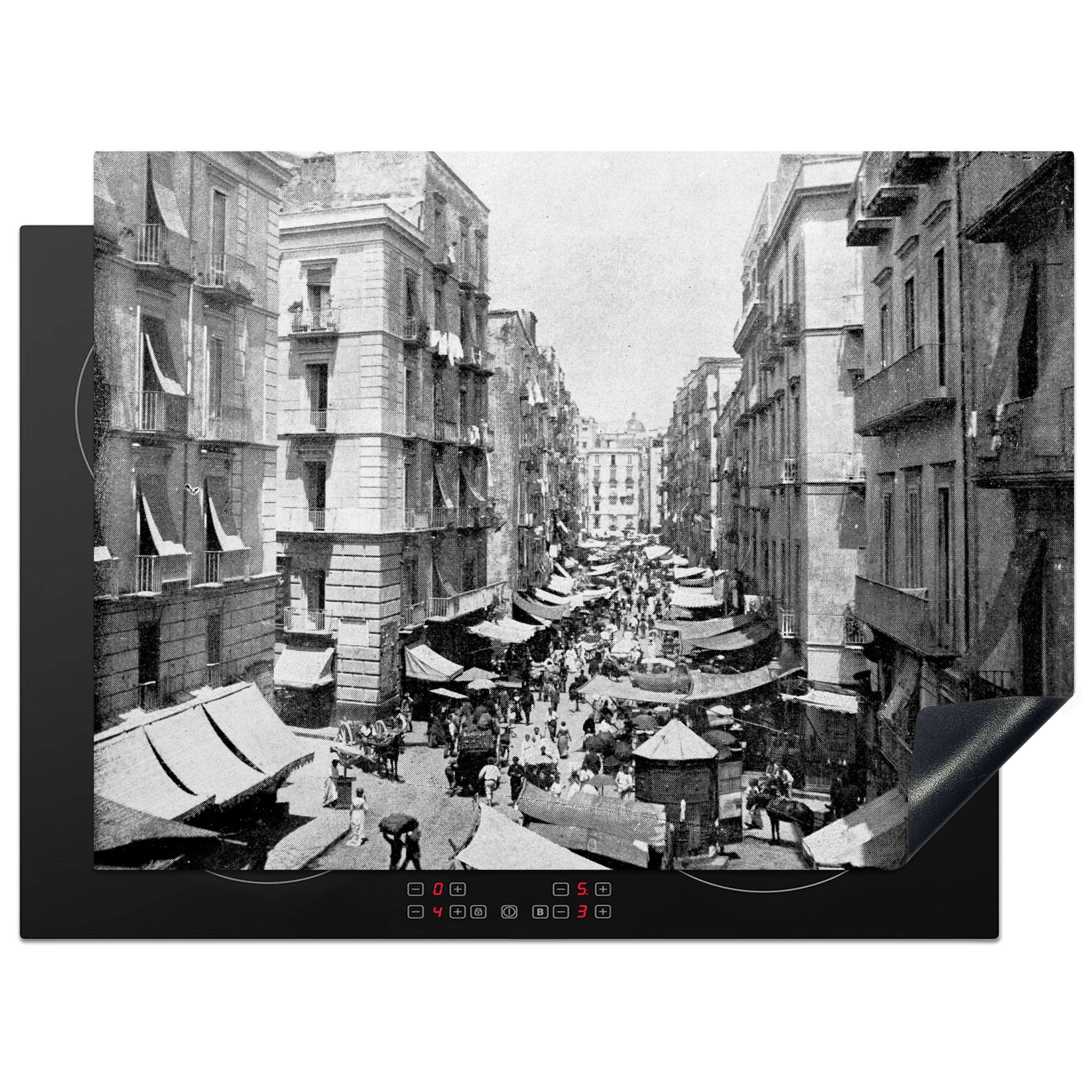 MuchoWow Herdblende-/Abdeckplatte Illustration einer historischen Straßenszene in Neapel, Vinyl, (1 tlg), 70x52 cm, Mobile Arbeitsfläche nutzbar, Ceranfeldabdeckung | Herdabdeckplatten