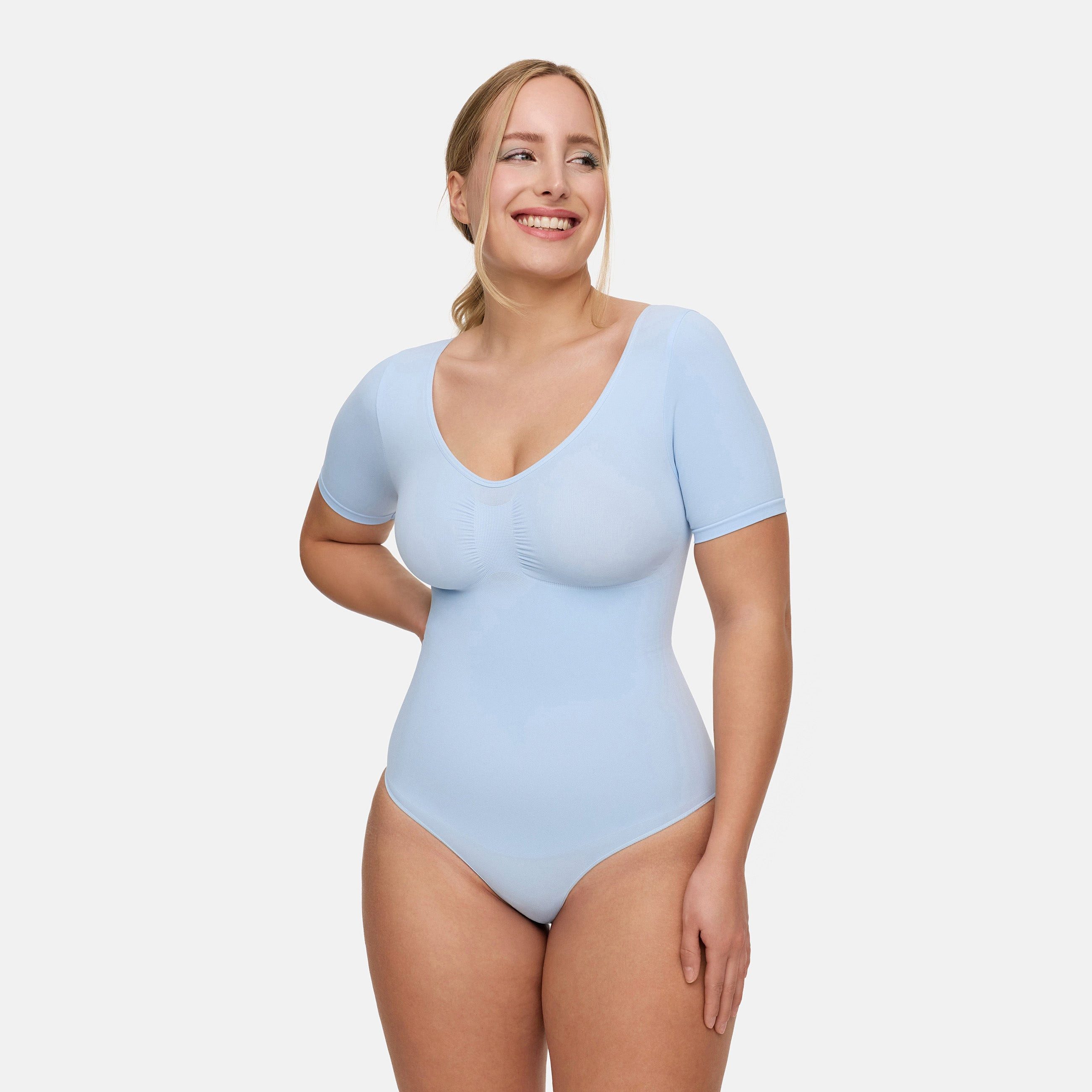 Creamy Fabrics Miederbody T-Shirt Bodysuit Sculpting Shapewear mit Slip-Baby Blue-4XL (1-tlg) Figurformend