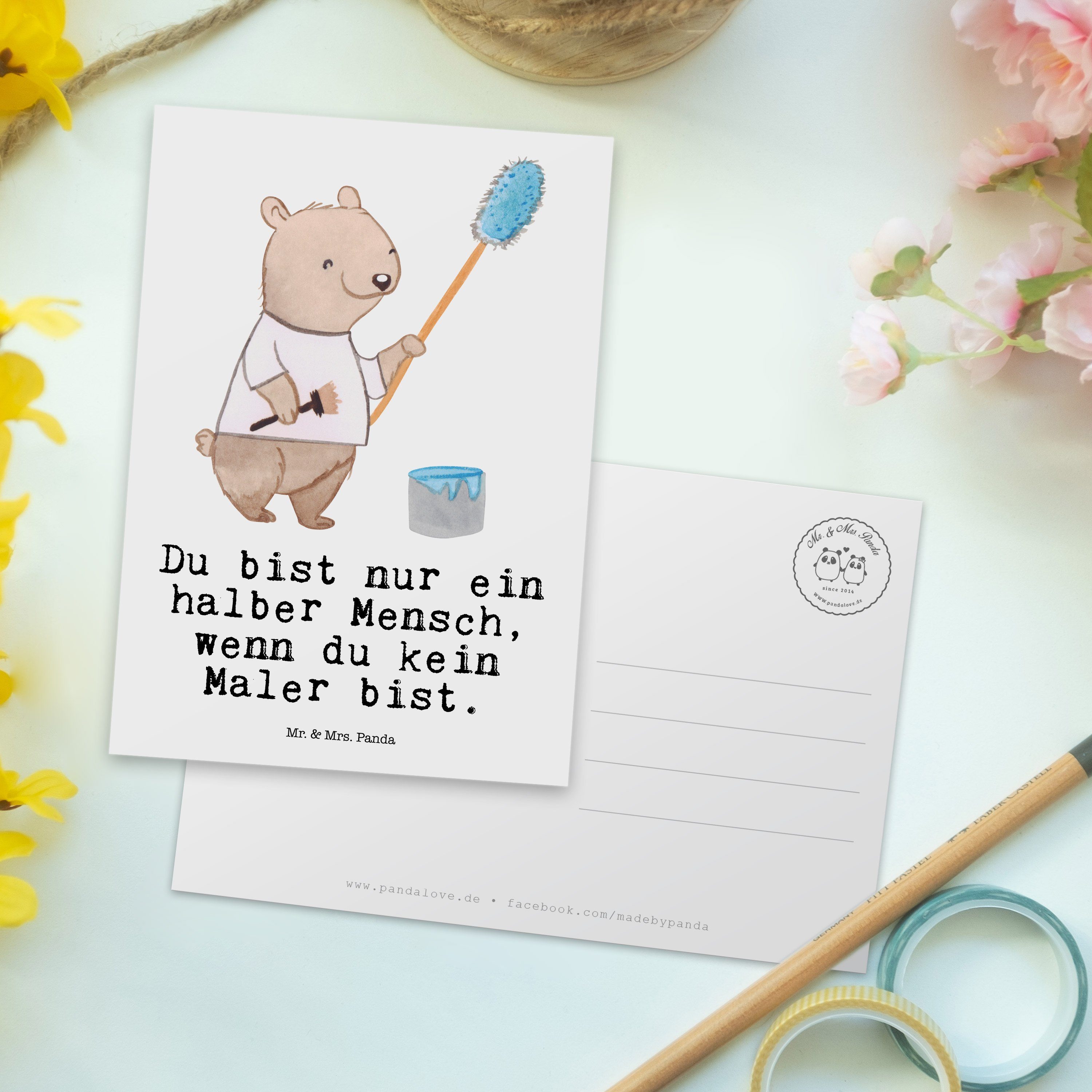 Mr. Geschenk, Malermeis Mrs. Herz Arbeitskollege, - Postkarte & Weiß - Panda Schenken, mit Maler