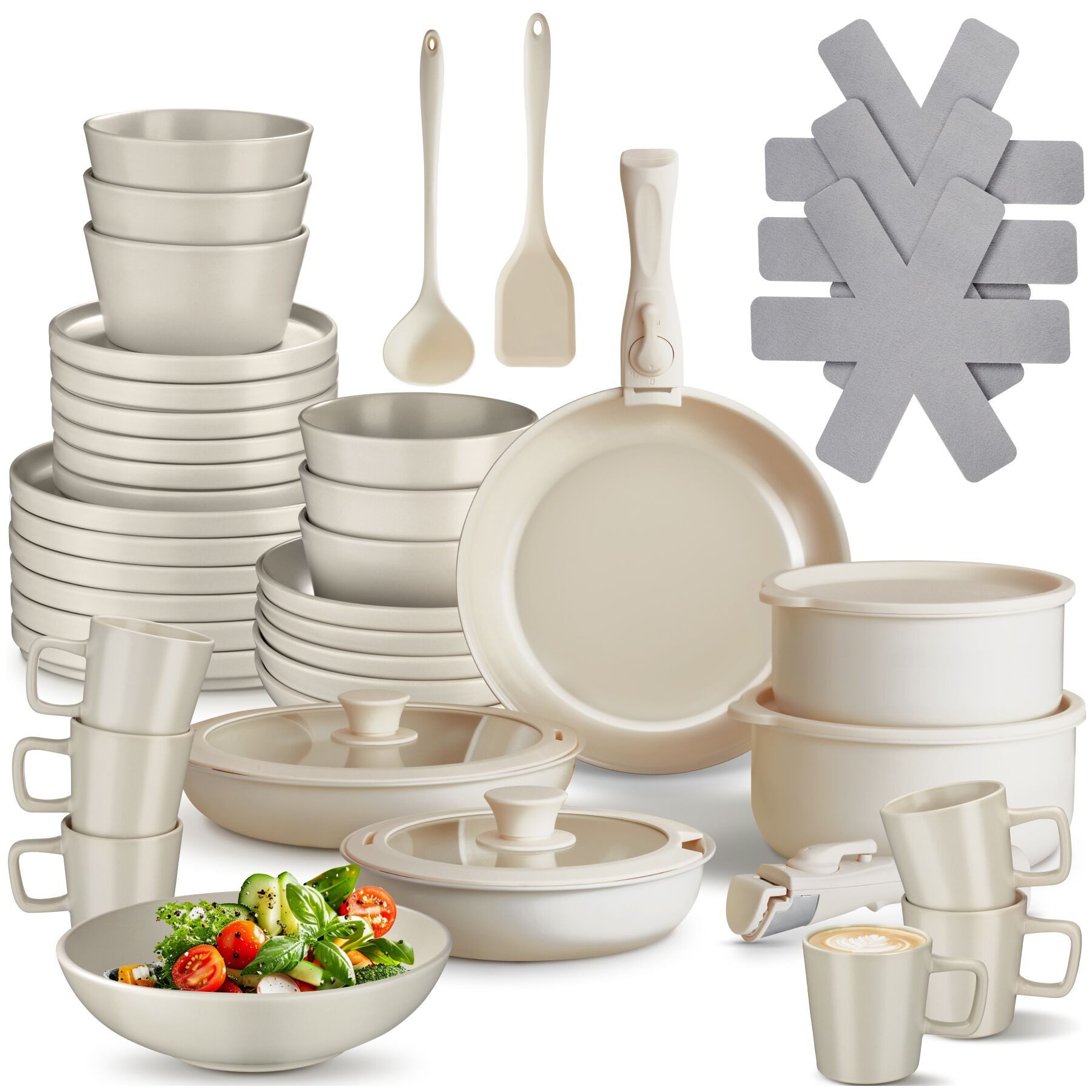 tectake Kochbesteck-Set Küchenstarterset aus Steingut mit Glasur, hitzebeständig (Geschirrset Una/Genua, 46-tlg., in taupe/weiß), rostfreies Aluminium mit Antihaftbeschichtung, induktionsgeeignet