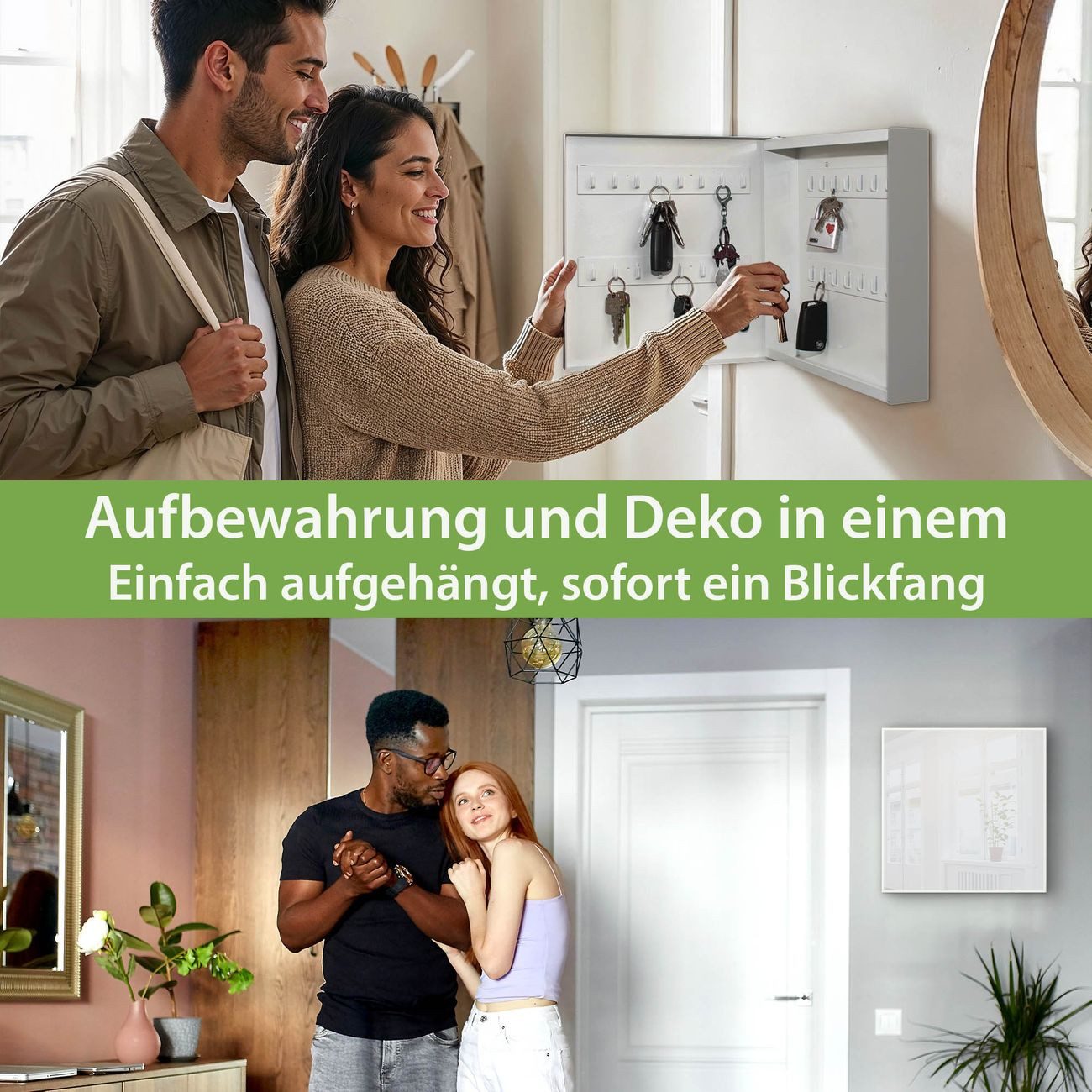 banjado Schlüsselkasten aus Metall mit Motiv weiß (Stahl Gehäuse, mit 32 Haken, beschreibbar & magnetisch), 30 x 30 x 5 cm