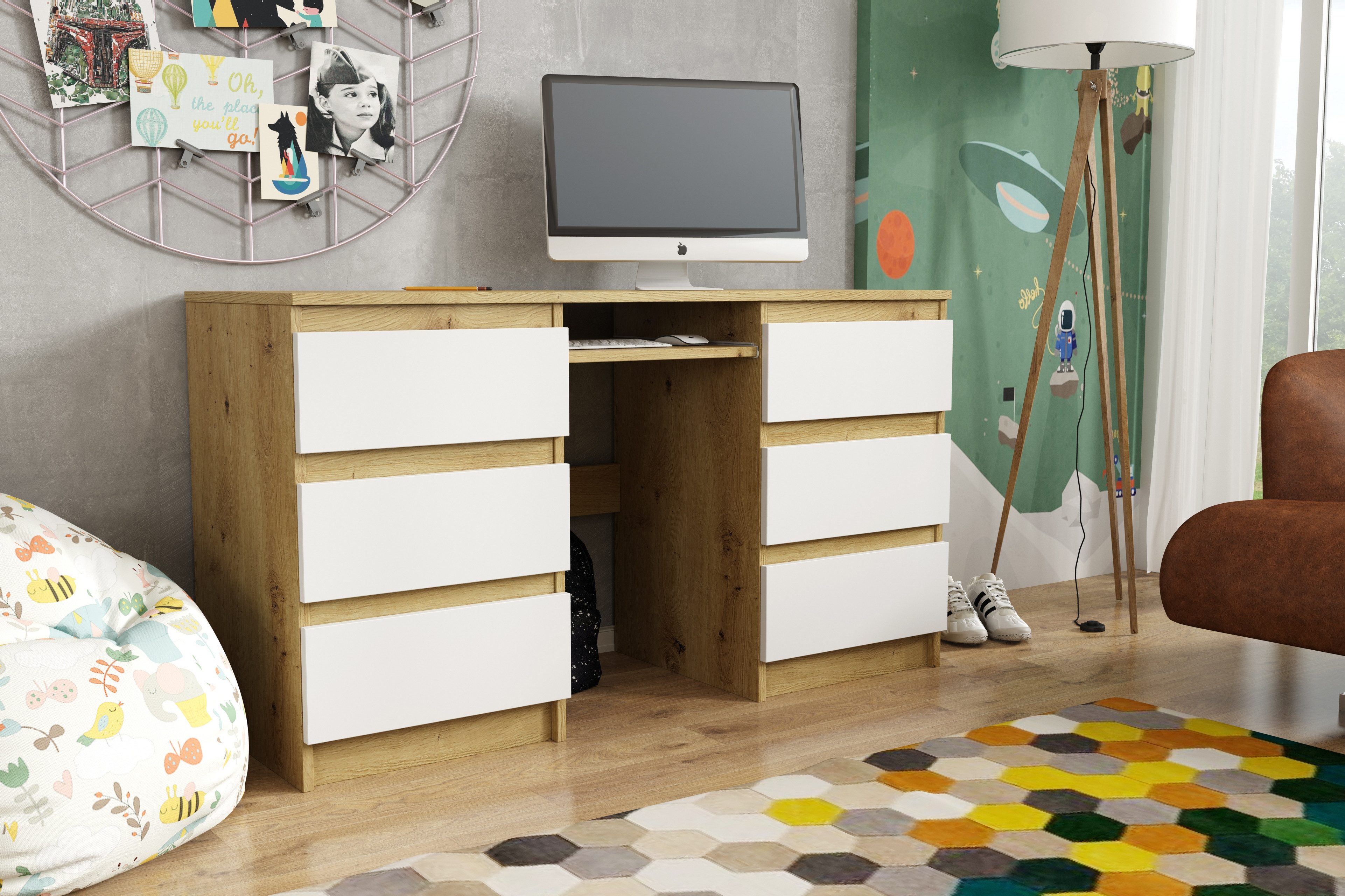 Masseno Schreibtisch ANGULO 130 x 75 cm mit 6 Schubladen Eiche Artisan