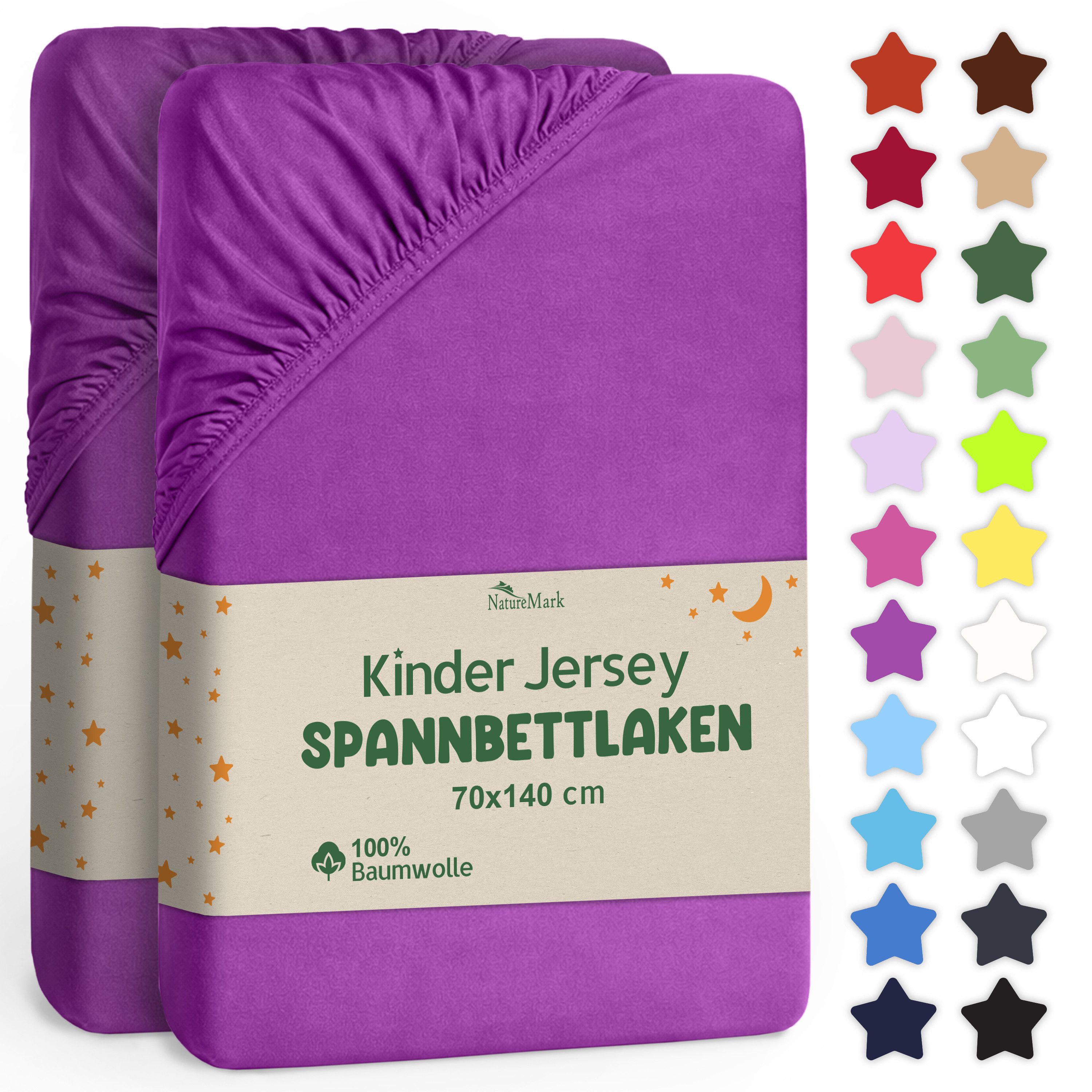 NatureMark Spannbettlaken Jersey Spannbetttuch, 100% Baumwolle, Gummizug: rundum, (2 Stück), Kinder Spannbetttuch, für Baby-/Kinderbett, 70x140 cm, Lila