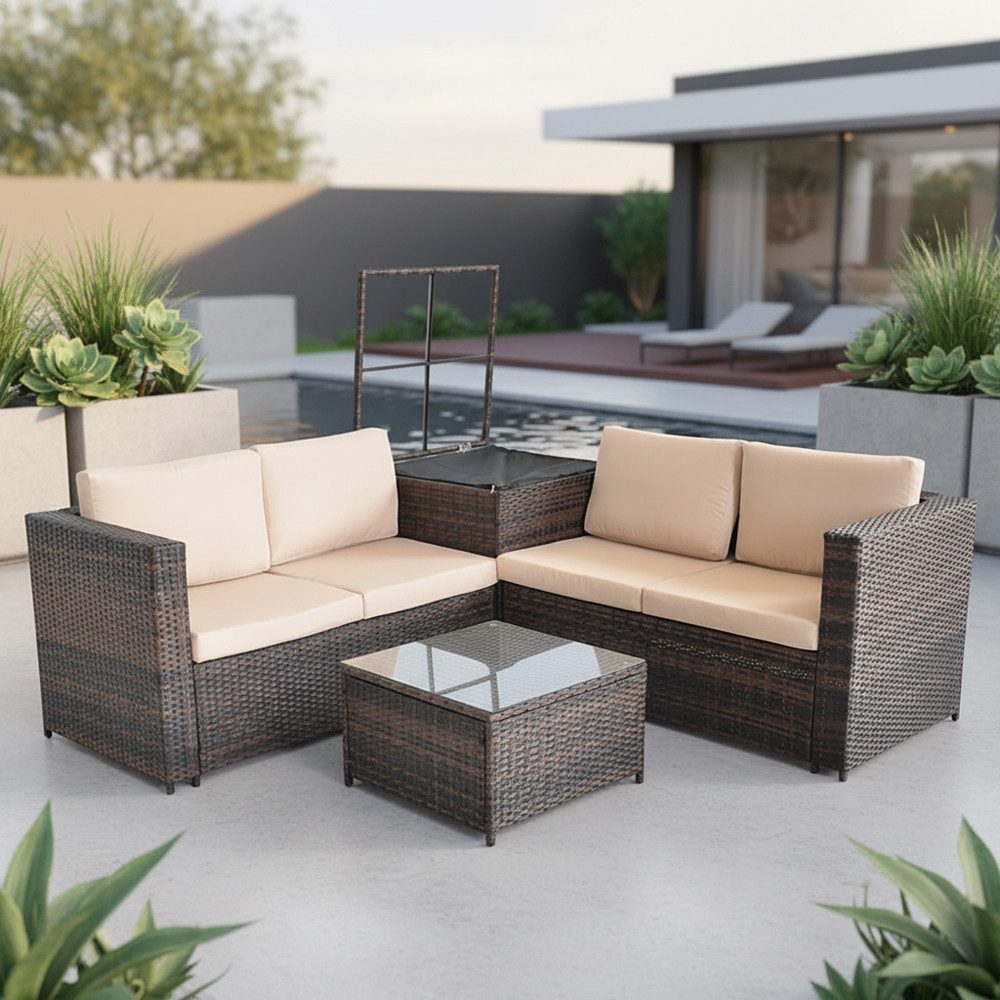 Melko Gartenlounge-Set Rattanlounge + Tisch und Kissenbox Garten Sofa Lounge Gartenmöbel, (Set), Sicherheitsglasplatte