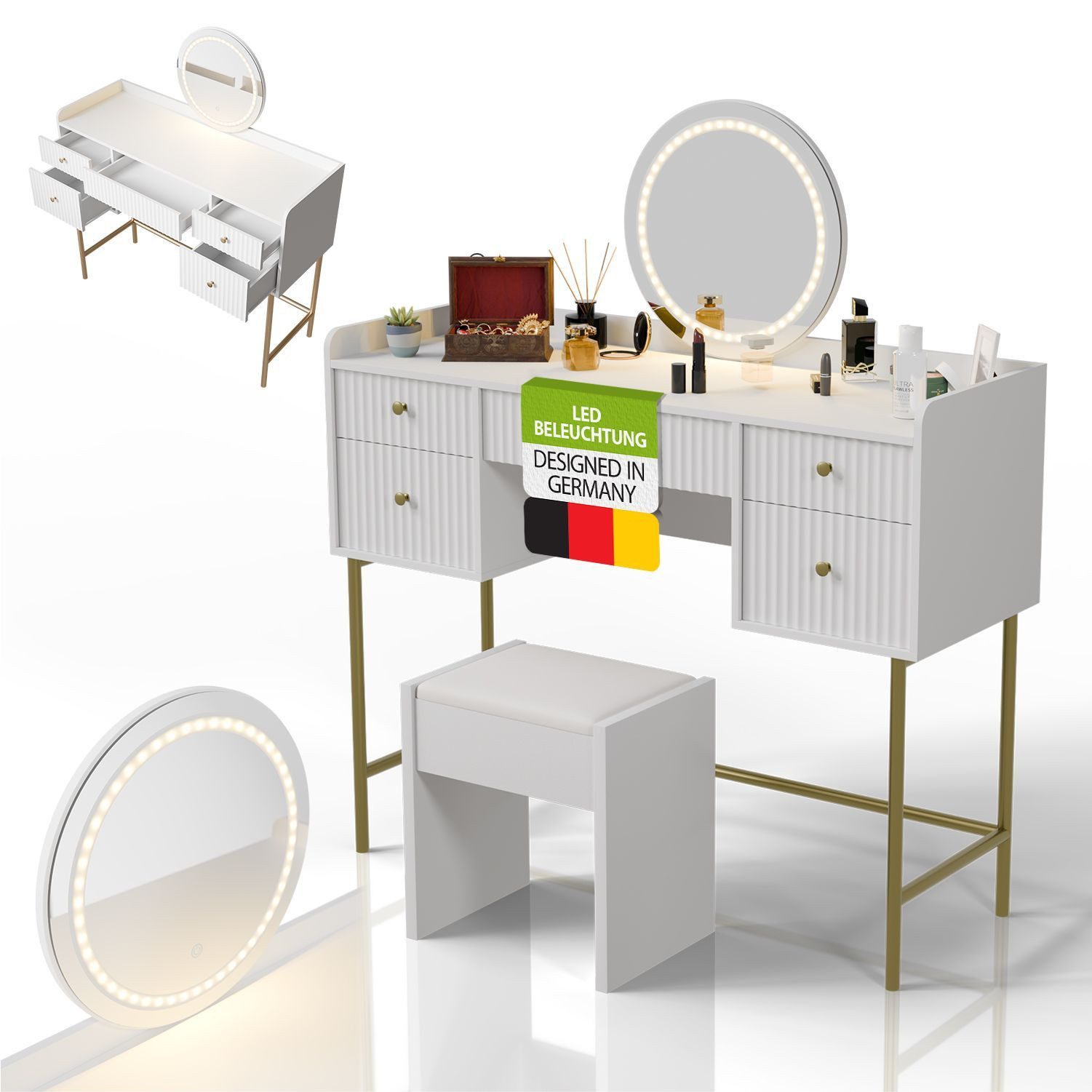 Juskys Schminktisch Samira (2-St), Inkl. Hocker, Touch-LED-Spiegel, goldfarbene Beine, 5 Schubladen