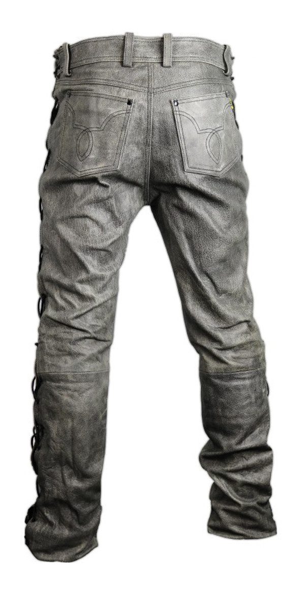 MDM Lederhose Herren Lederhose Rindsleder grau mit seitlicher Schnürung (Einzelartikel, 1x Herren Lederhose) Seitliche Schnürung, echtes Nappa Rindsleder – Bild 3 von 4
