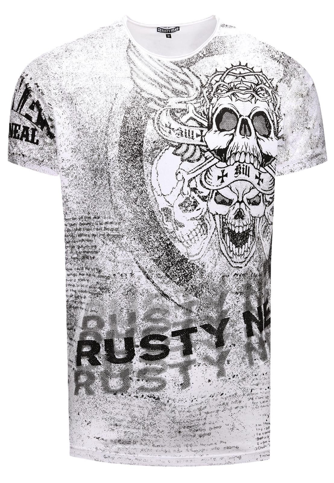 Rusty Neal T-Shirt Reverse Oil Wash mit Skull All Over Print Vintage Biker Shirt
