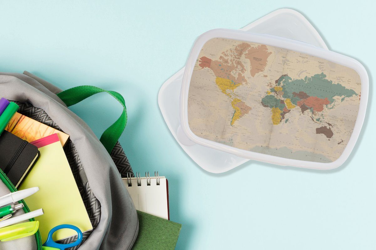 MuchoWow Lunchbox für Brotbox - Kind - für Brotdose, Weltkarte und Vintage Jungs - Kind und Mädchen (2-tlg), - Erwachsene, Mädchen, Atlas Kinder Kunststoff, weiß 