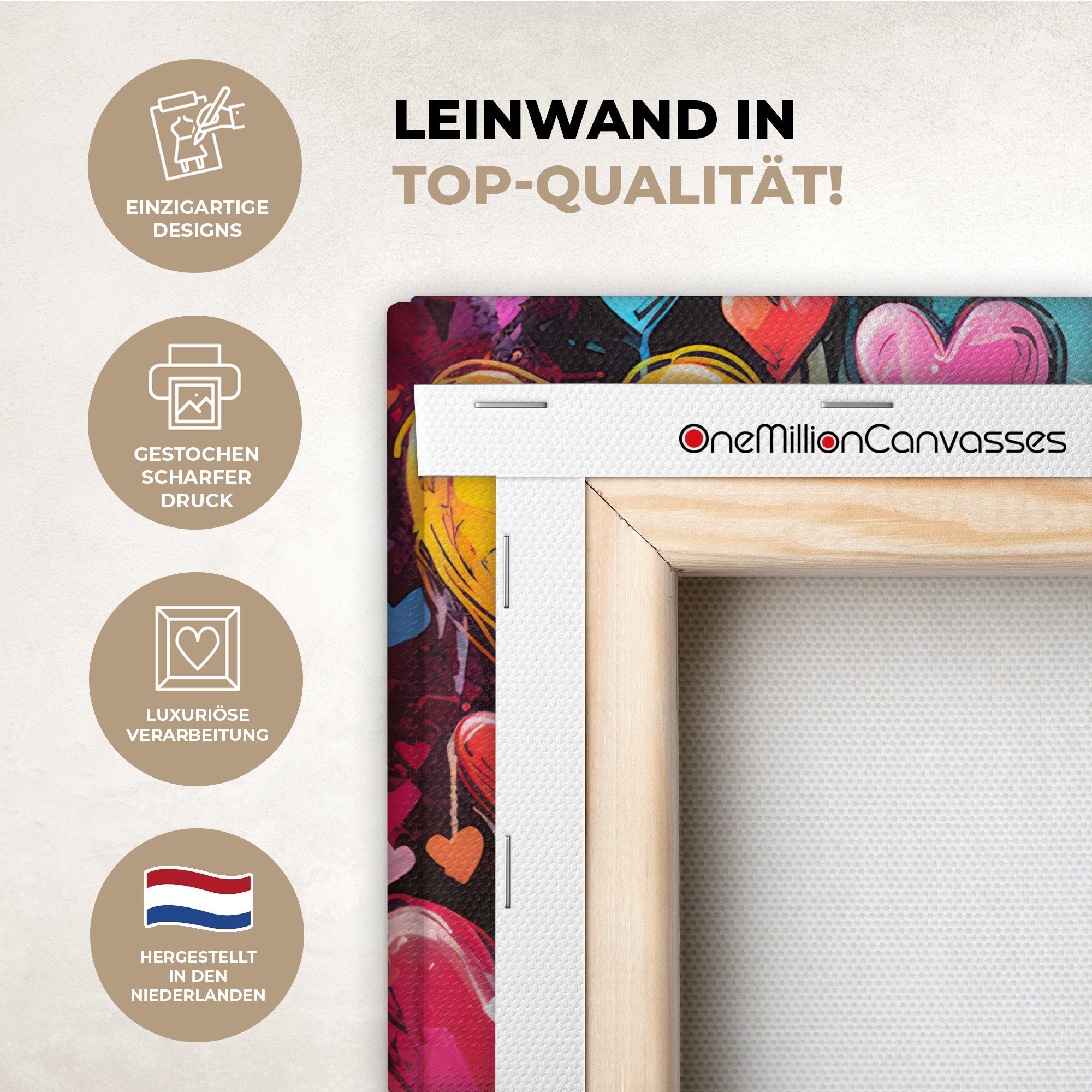 OneMillionCanvasses® Leinwandbild Herzen - Farben - Kunst - Liebe, Fotodruck (1 St), Leinwand Bilder Klein, Wand Dekoration Aesthetic 30x20 cm