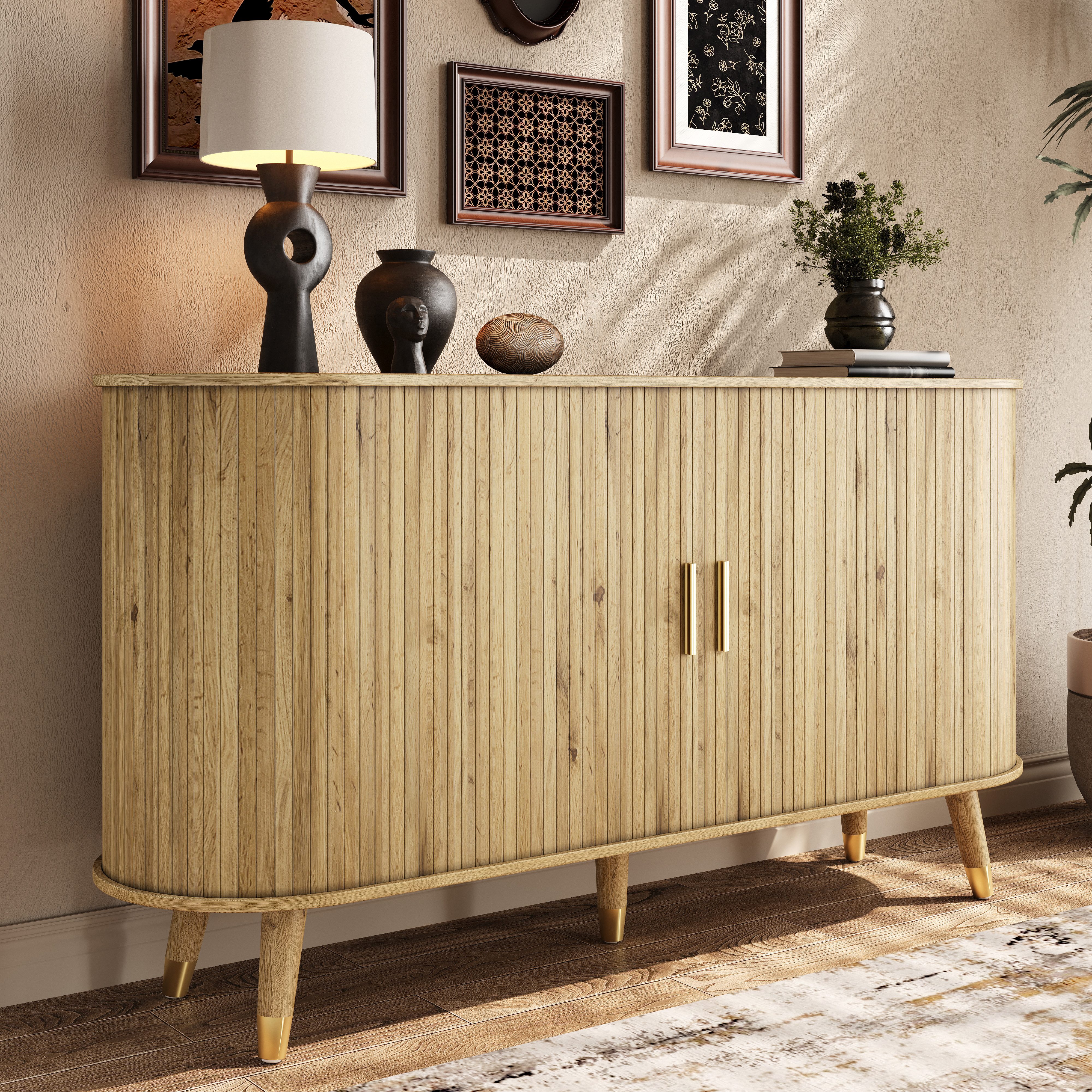 Merax Sideboard mit 2 Schiebetüren, 2 Schubladen & offenen Regalfächern (Aufbewahrungsschrank, 1 St., 140 x 40 x 79,5 cm (L x B x H), Kommode mit vertikaler Maserung, abgerundeten Ecken & Massivholzbeinen