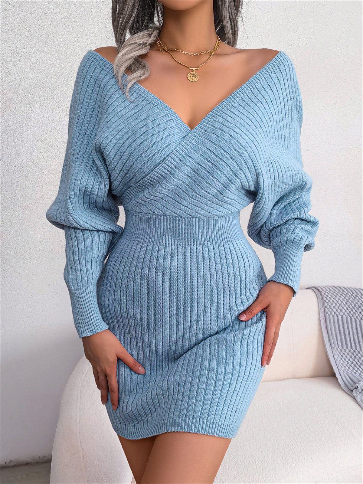 mit Jersey Strickkleid und carefully selected Damen-Tunika-Pulloverkleid Sexy V-Ausschnitt blau
