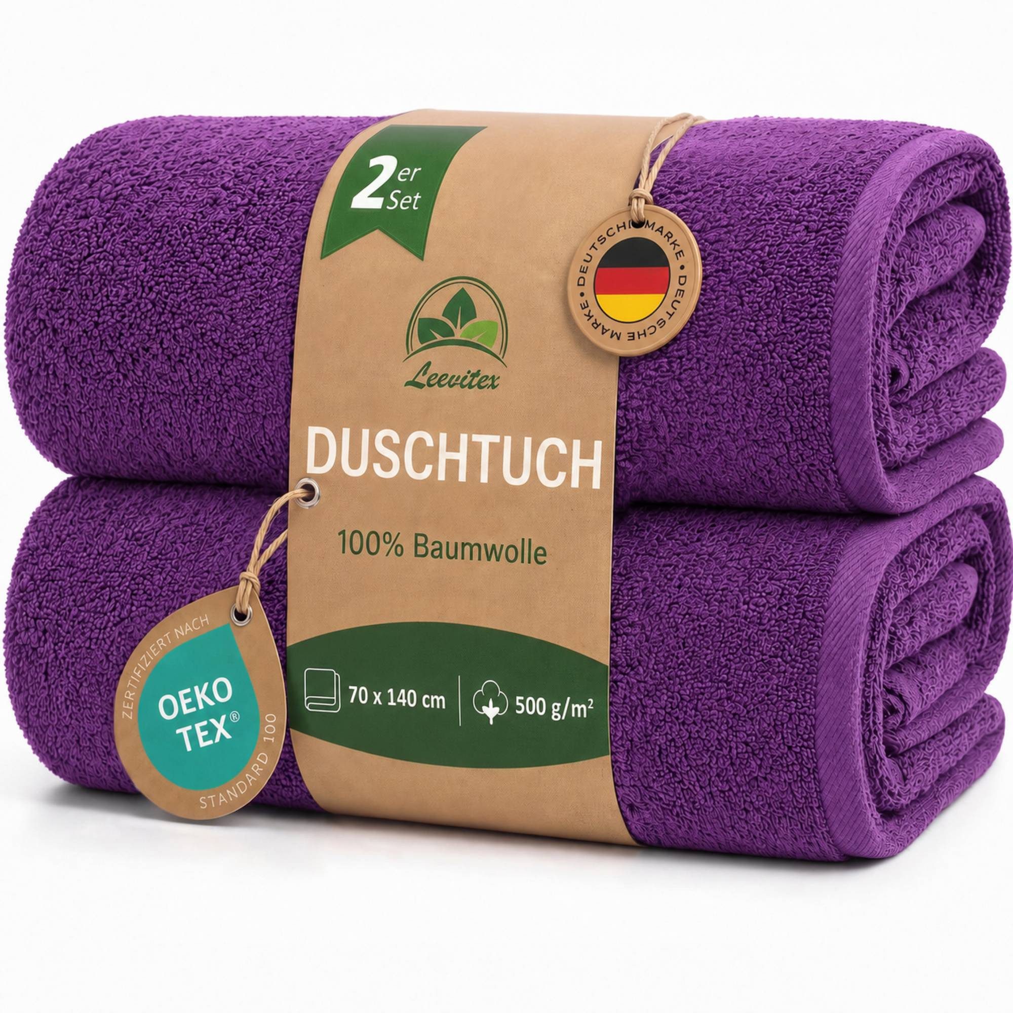 leevitex® Duschtücher 2er-Set, 70x140 cm, 100% Baumwolle, saugstark und fusselfrei, Frottee (Set, 2-St), OEKO-TEX® STANDARD 100 zertifiziert, gestreifte Bordüre
