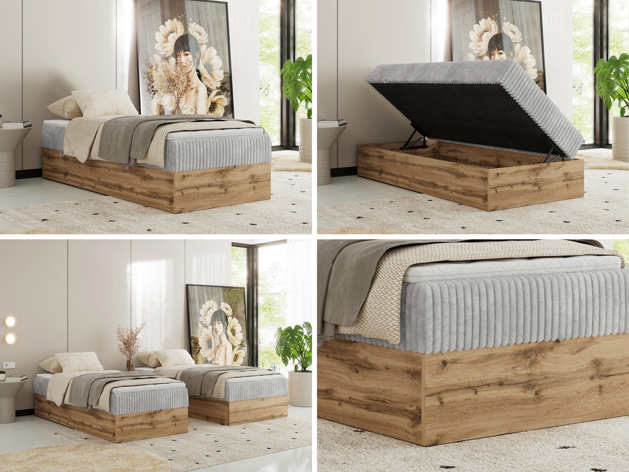 MKS MÖBEL Boxspringbett WOOD ZERO 90 (Set, Bett, Hotelbett, ohne Kopfteil, Topper T25 oder Visco), Polsterbett, Bettkasten, Öffnung, Härtegrad H3/H4
