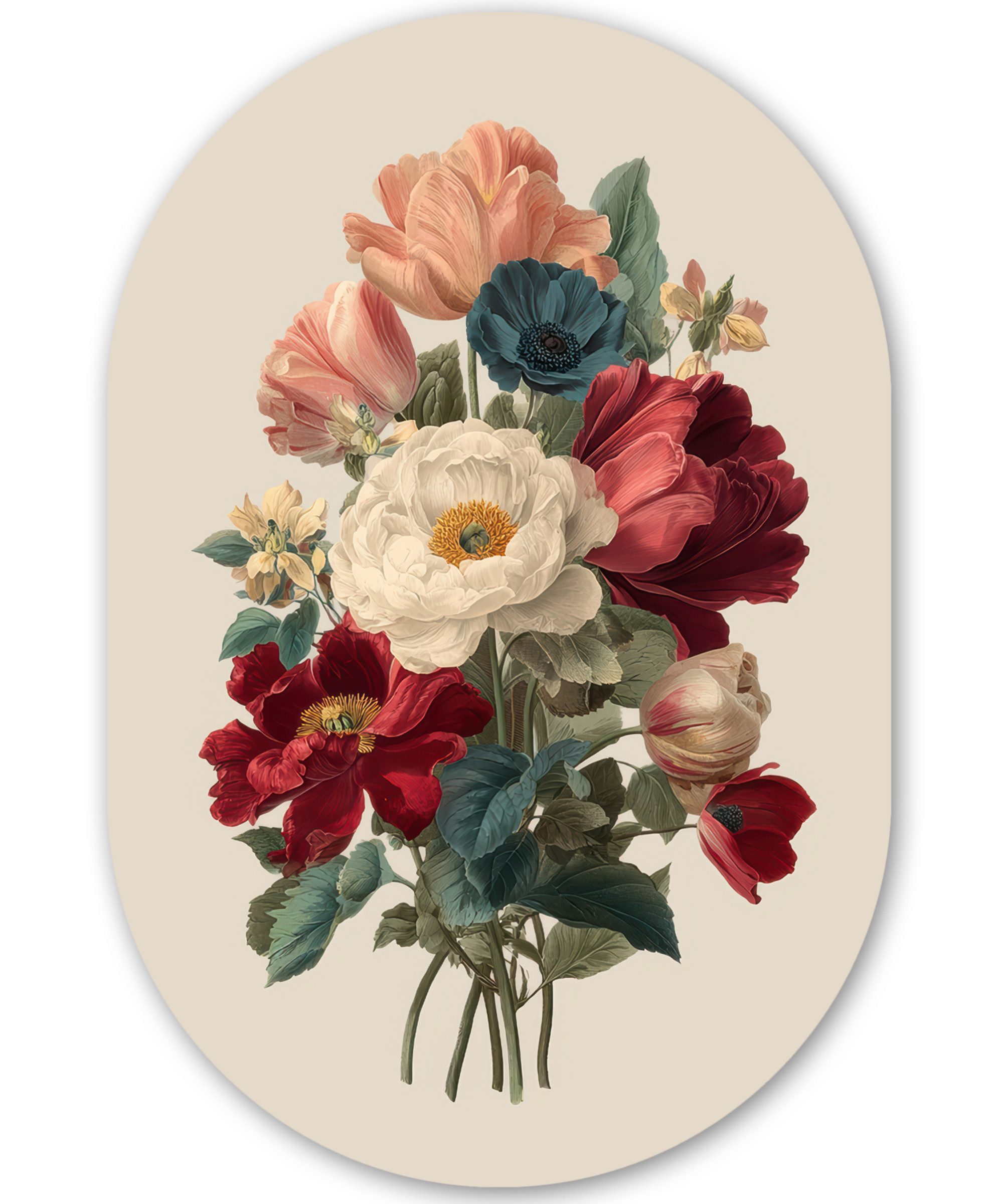 MuchoWow Gemälde Blumenstrauß - Warme Töne - Elegant, Fotodruck (1 St), Wandbild Oval, Wohnzimmer oder Schlafzimmer Wanddekoration, 40x60 cm