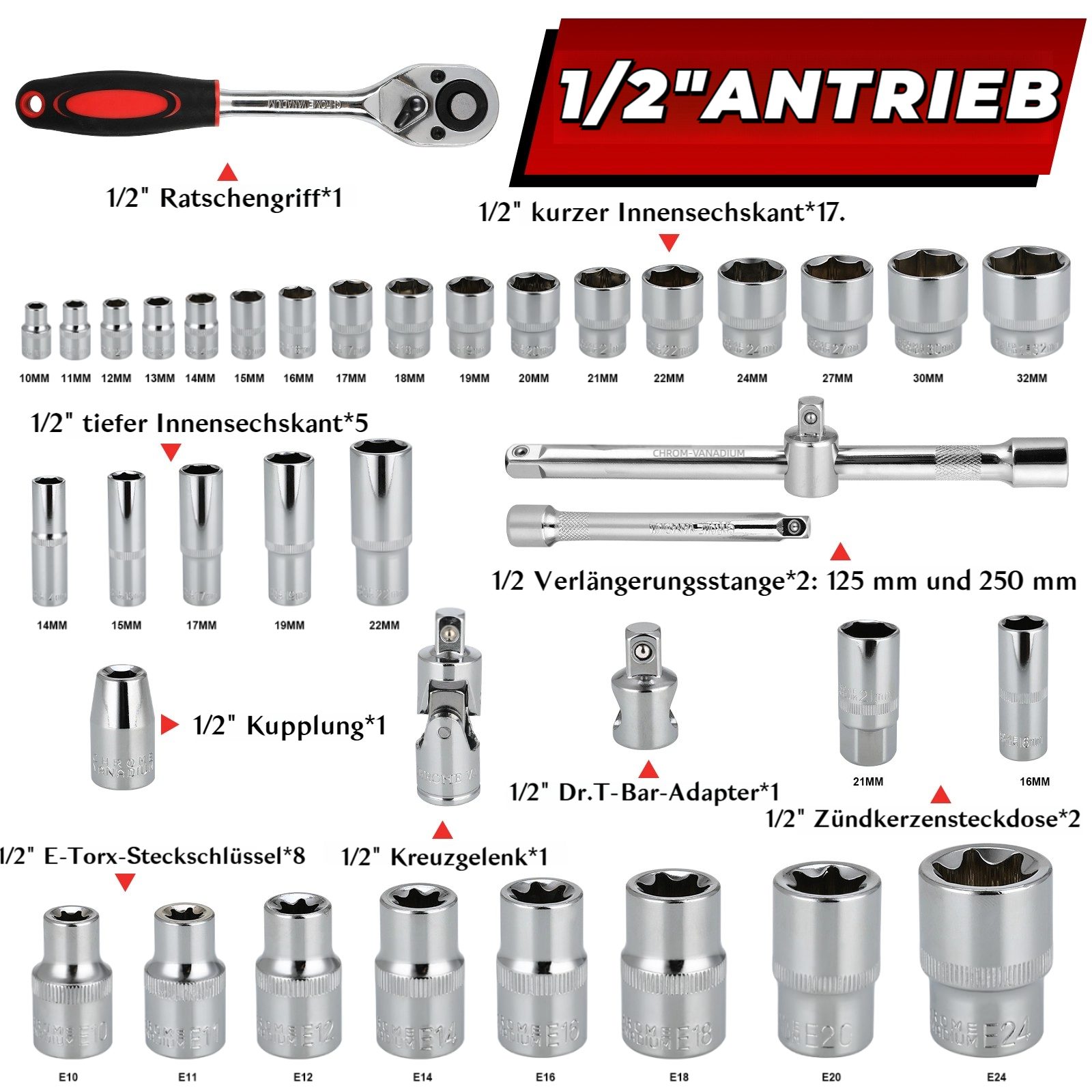 TLGREEN Steckschlüssel 108-teilig Werkzeugkoffer,Cr-V Ratschenschlüssel Set, (Ratschenkasten Knarrenkasten mit 1/4" und 1/2",72 Zähne Umschaltknarre Sechskant Steckschlüsseleinsatz)