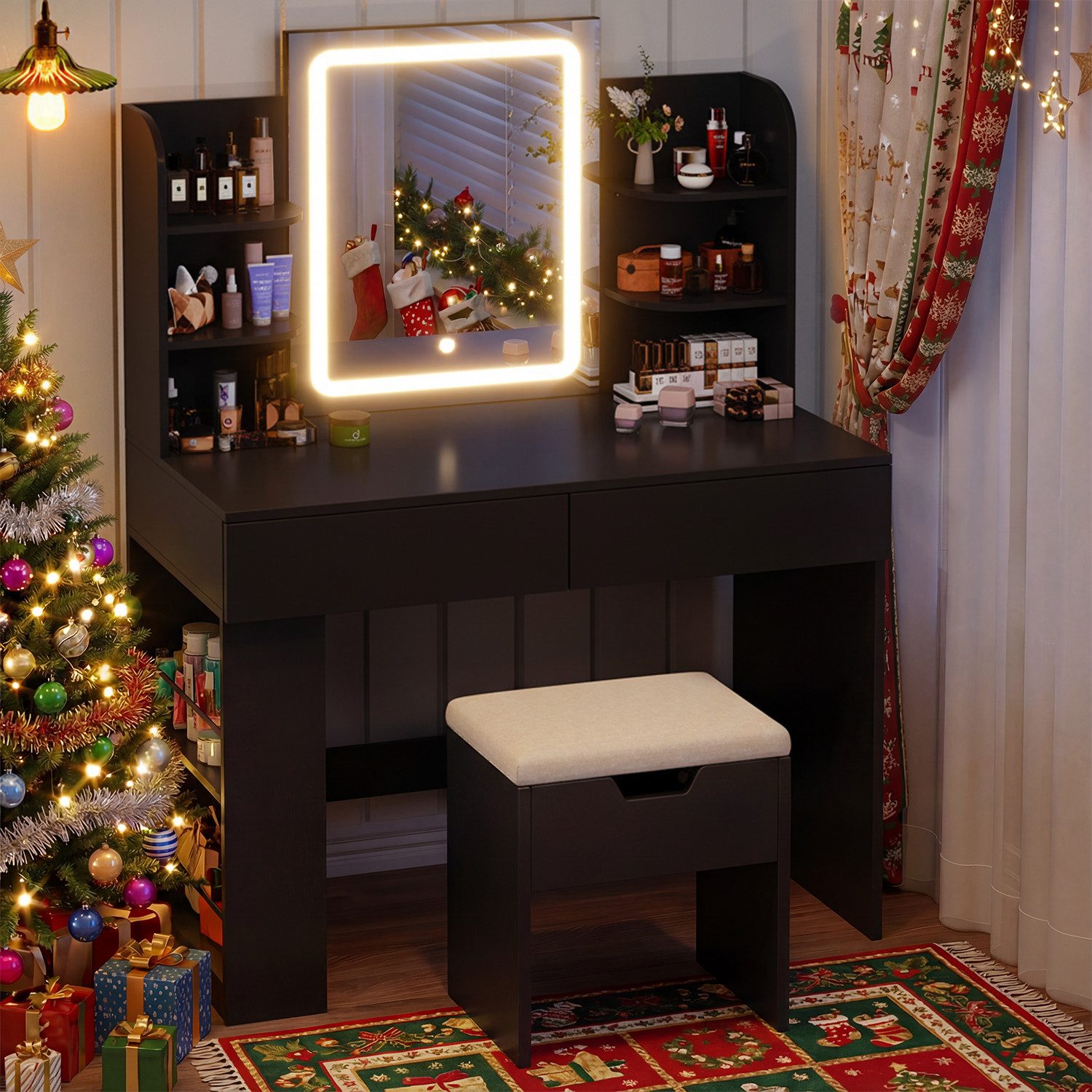 Furnicopia Schminktisch 90/110 cm, LED-Beleuchtung mit einstellbarer Helligkeit, Stauraum (Mit 8 Ablagefachern, 2 Schubladen (beidseitig austauschbar)und optionalem Hocker.Erhältlich in Weiß und Schwarz)