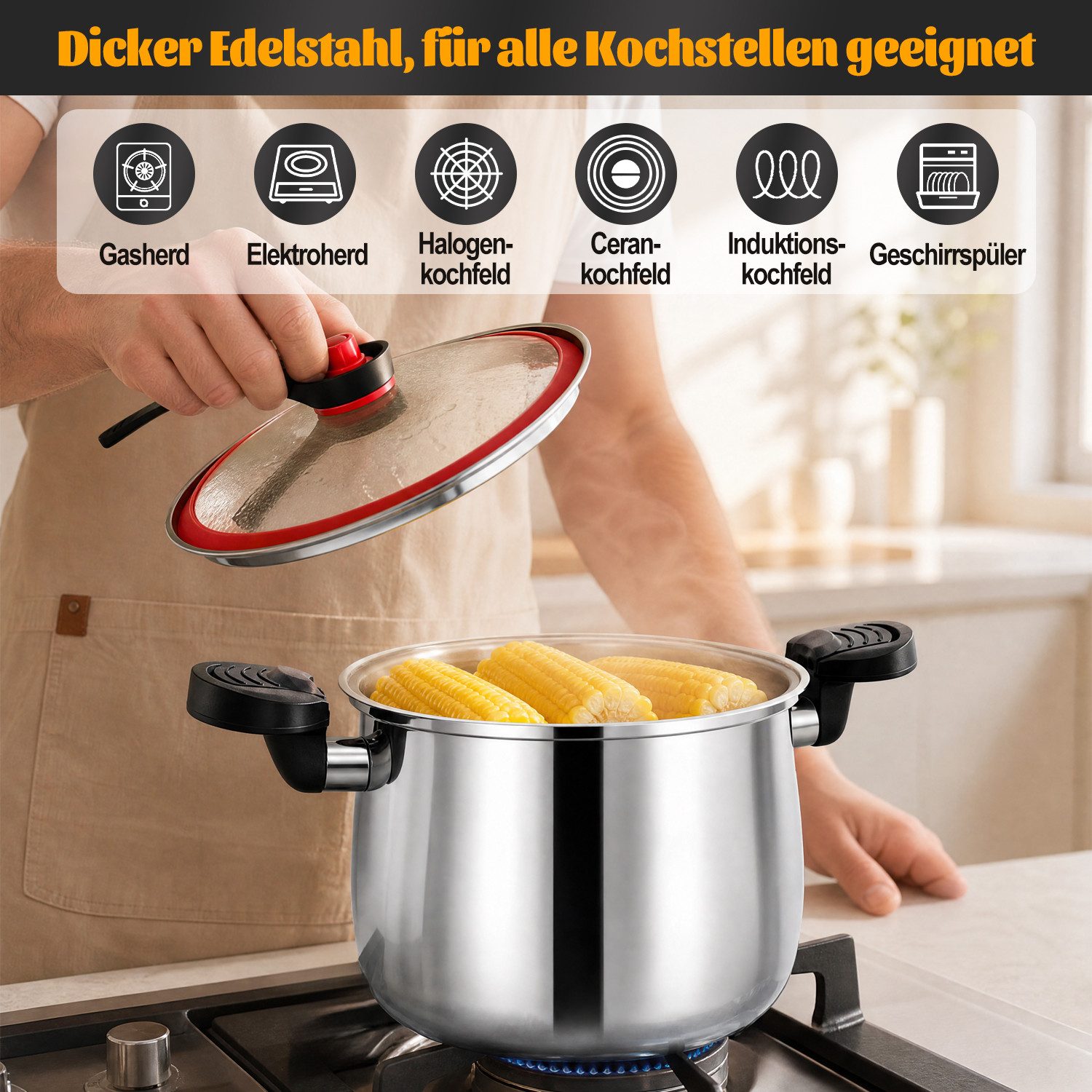 Esun Schnellkochtopf Edelstahl Schnellkochtopf, Kochtöpfe, Topf mit Glasdeckel, 22 cm, 6 L, Edelstahl (Set, Komplettset), Kochtopf Induktion Topfset, Spülmaschi – Bild 3 von 5