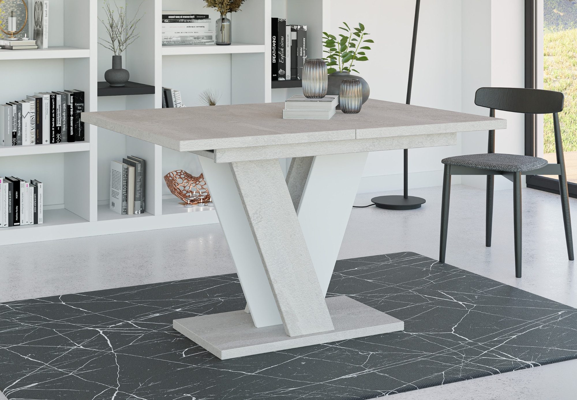 Home Collective Esstisch ausziehbar Tisch Küchentisch Esszimmertisch Ausziehtisch 4-6 Personen (Esszimmer Küche Wohnzimmer Esstisch erweiterbar), modernes Design mit V-Gestell, 120-160 x 90 cm Betongrau mix Weiß