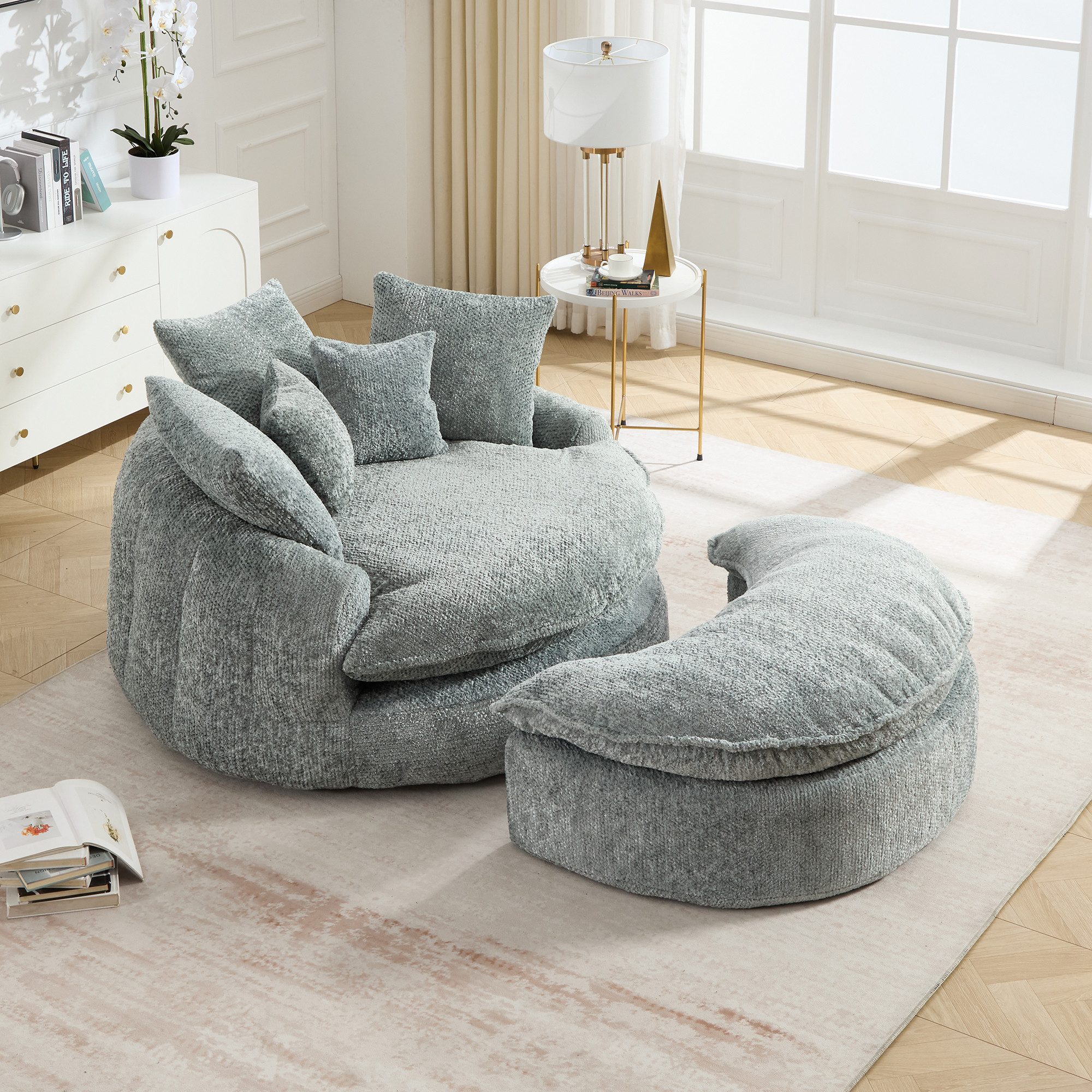 Odikalo Sitzsack Loungesofa PolyesterSchaumstoff-Sessel runder Stuhl,mit Schlaffunktion (flauschiger moderner Sofa-Bett geeignet für Wohnzimmer Lounge und Projektionsraum breiter Sessel mit Verstellfunktion mit Kisse)
