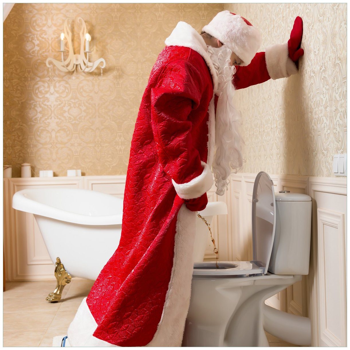 Wallario Tischplatte Weihnachtsmann macht Pause und pinkelt auf edler Toilette (1 St), für Ikea Lack Tisch geeignet