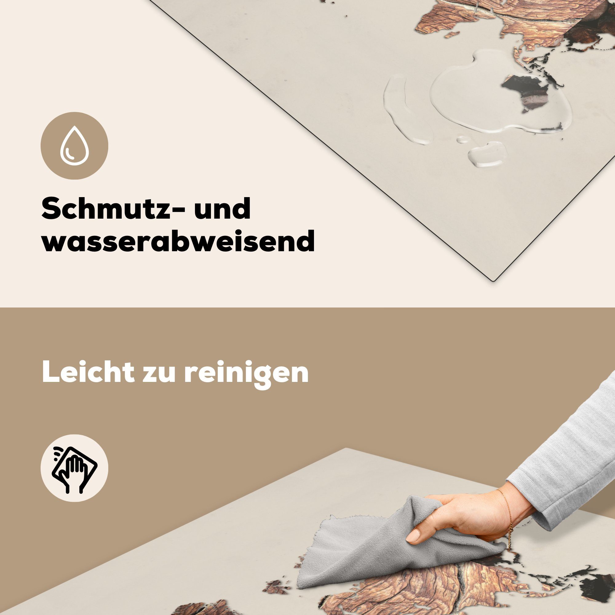 MuchoWow Herdblende-/Abdeckplatte Weltkarte - Ceranfeldabdeckung, Einfach (1 Arbeitsplatte Holz, Vinyl, tlg), - küche für 78x78 cm