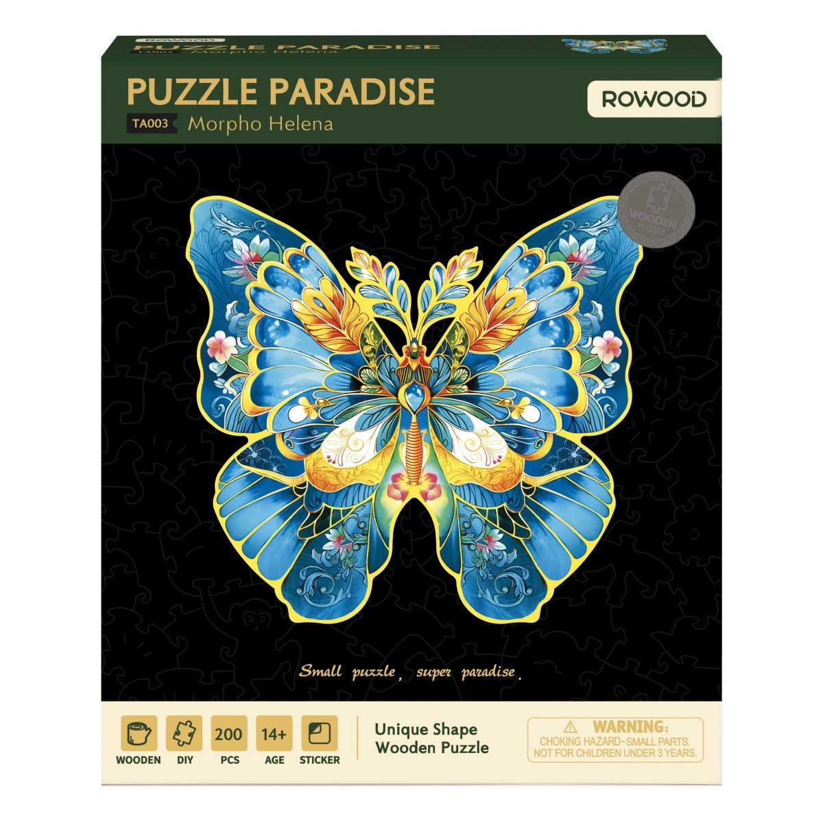 Rowood Konturenpuzzle 2D-Holz-Puzzle Schmetterling / Morpho Helena, 200 Puzzleteile