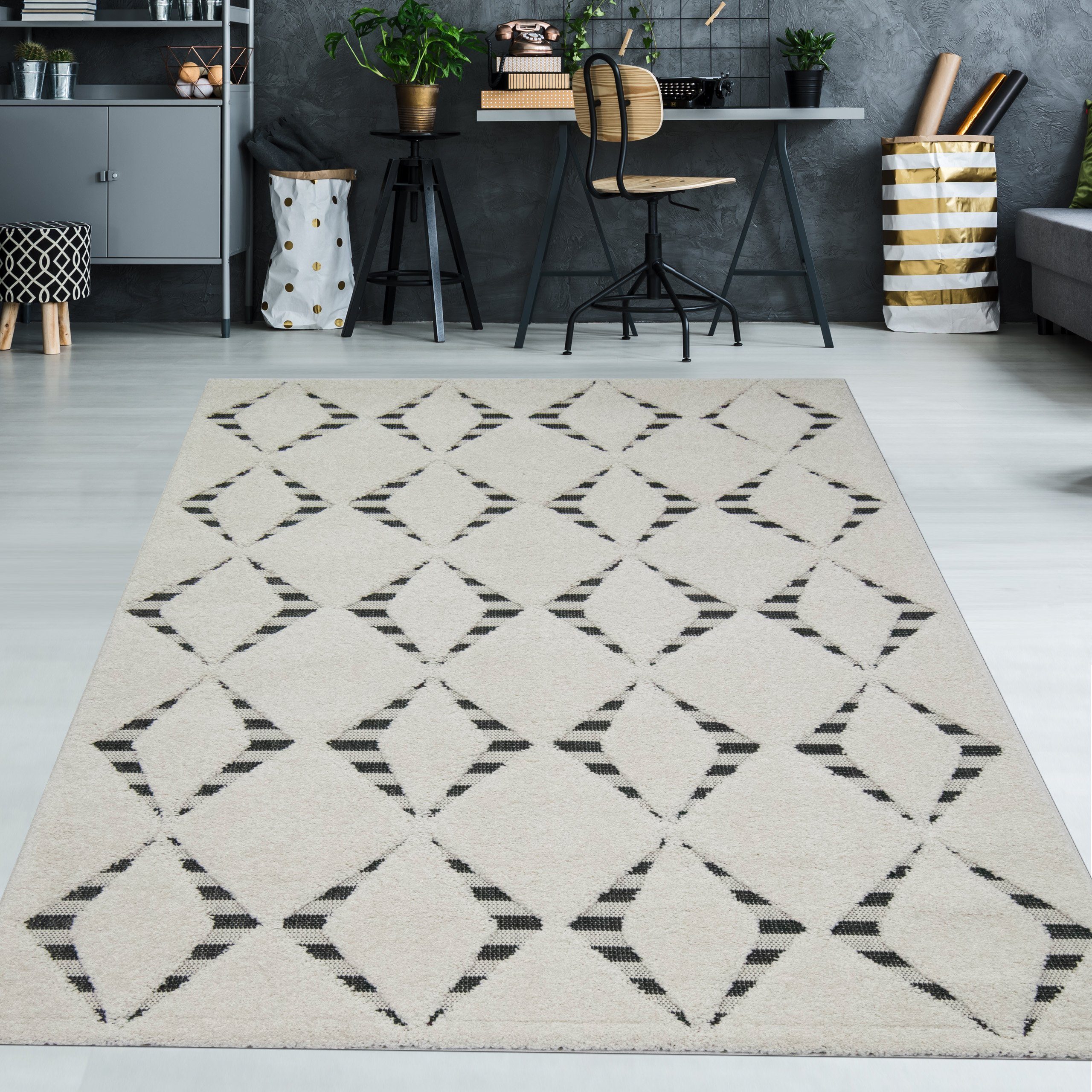 Teppich Flauschiger Teppich in schwarz creme, TeppichHome24, rechteckig
