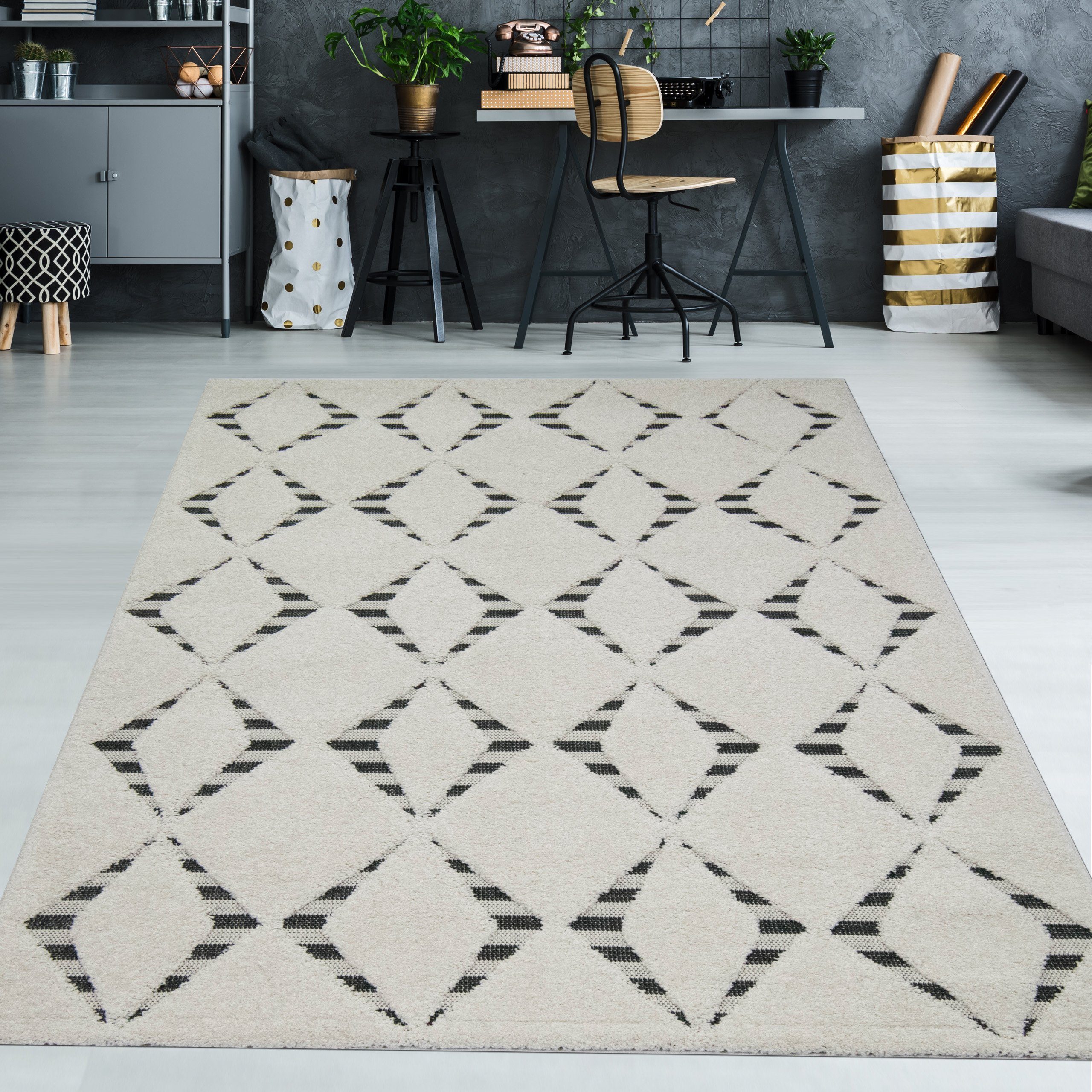 TeppichHome24 Teppich Flauschiger Teppich in schwarz creme, rechteckig