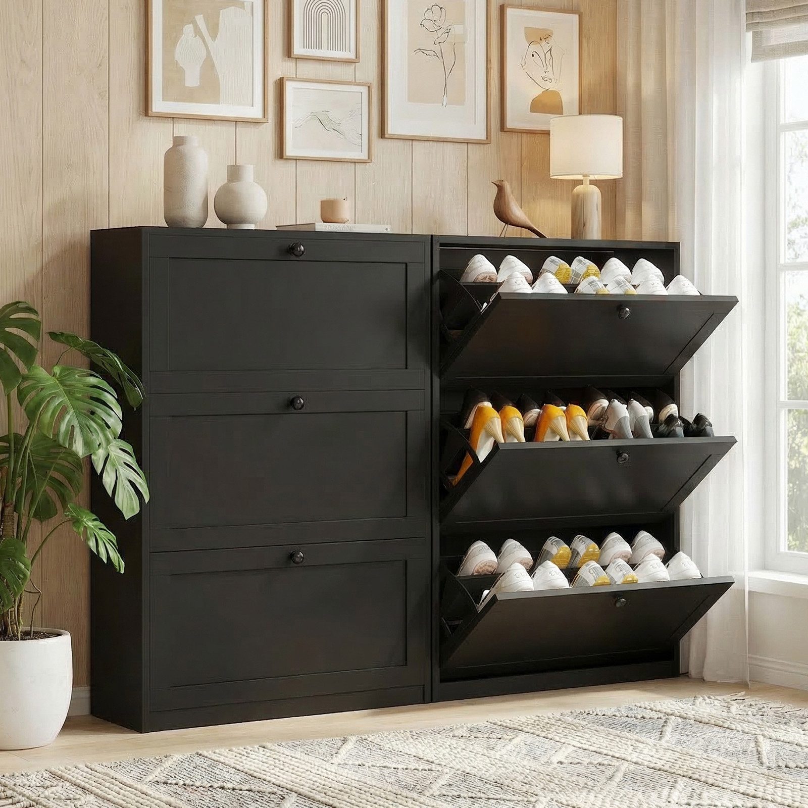 VOWNER Schuhschrank mit 3 Klappen, Schmaler Schuhregal, Verstellbar, 80 x 24 x 117 cm Platzsparend & verstellbar – 24 Paar Schuhe, Schwarz
