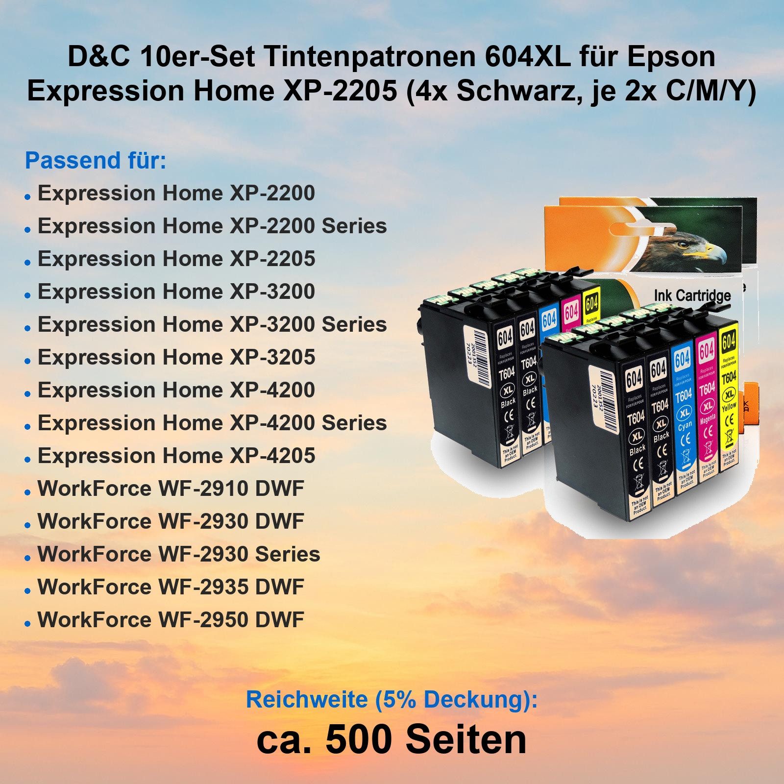 D&C D&C 10er-Set Tintenpatronen 604XL für Epson Expression Home XP-2205 Tintenpatrone