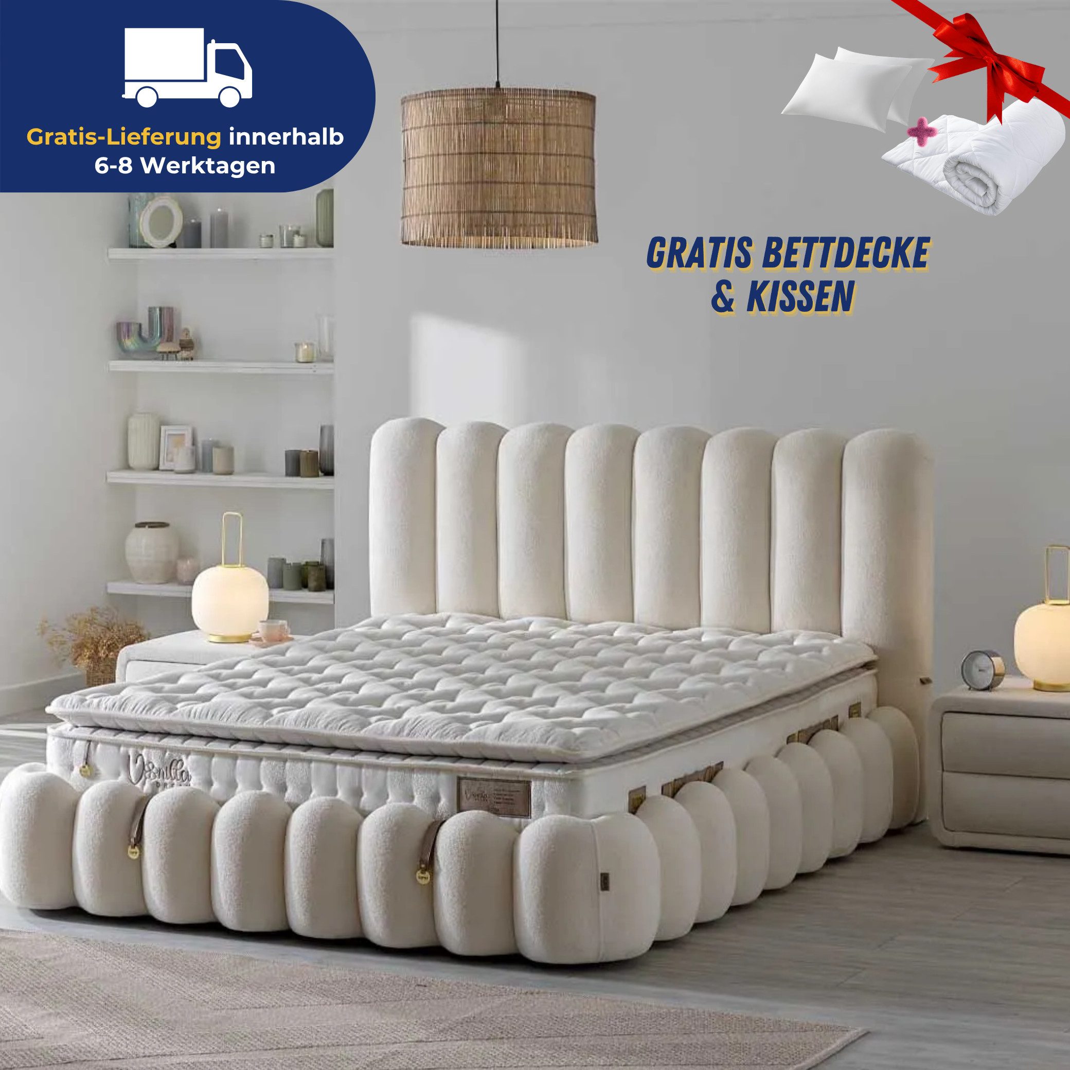 Bambi Stauraumbett Vanilla Set Boxpringbett mit Matratze Doppelbett (Set, Set, 4-St., 2 Bettkästen, 1 Matratze, 1 Kopfteil (Nachttisch optional), Polsterbett Kontinentalbett, dekorativem Kopfteil