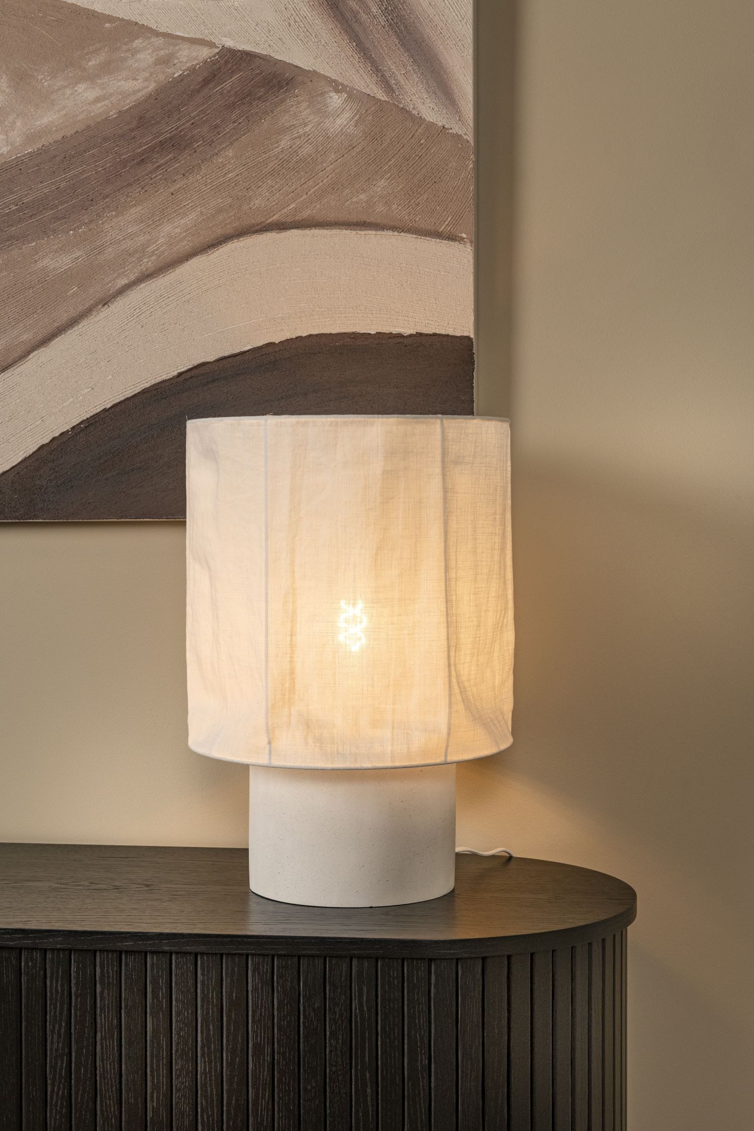 Licht-Erlebnisse Nachttischlampe MAREL, ohne Leuchtmittel, Stoff Beton rund D: 35 cm 50 cm Weiß E27 Landhausstil
