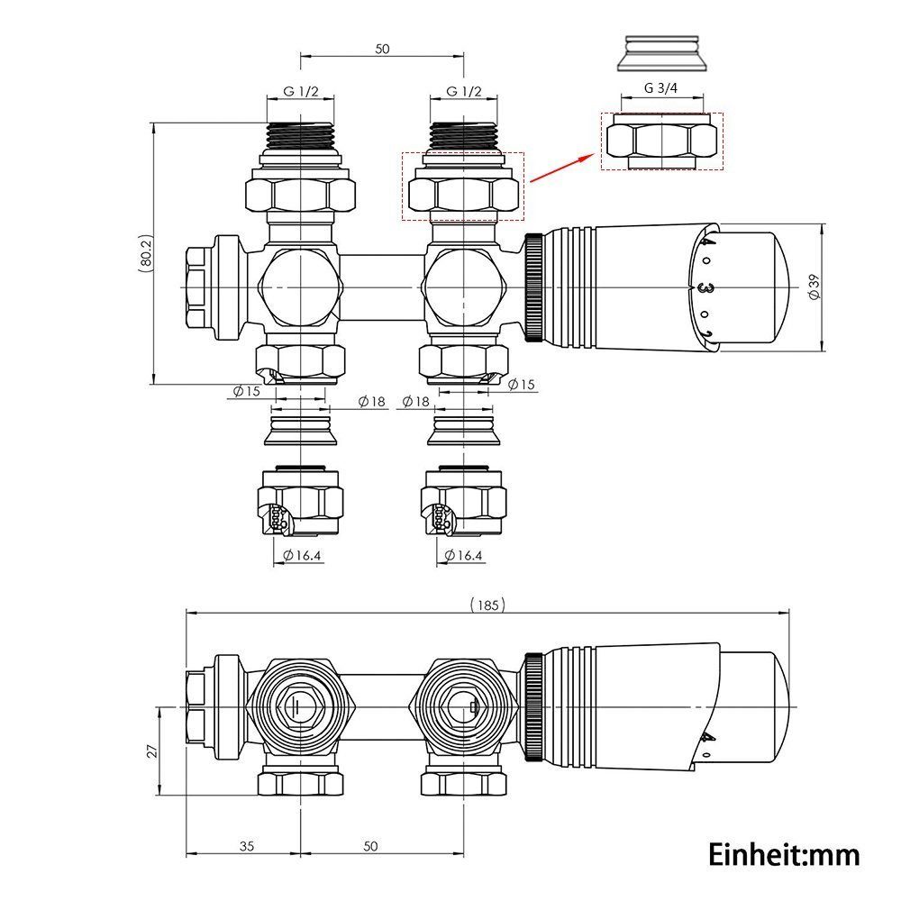 XERSEK Heizkörperthermostat Eck- und Durchgangsform Multiblock für Heizkörper mit Thermostat, (Anschlussarmatur Ventil Heizungszubehör) für Heizkörper und Handtuchtrockner Hahnblock