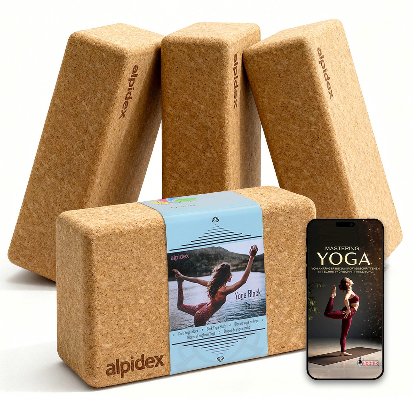 ALPIDEX Yogablock ALPIDEX Yogablöcke Kork 2er oder 4er Set inkl. E-Book mit 100 Übungen, (4-tlg)